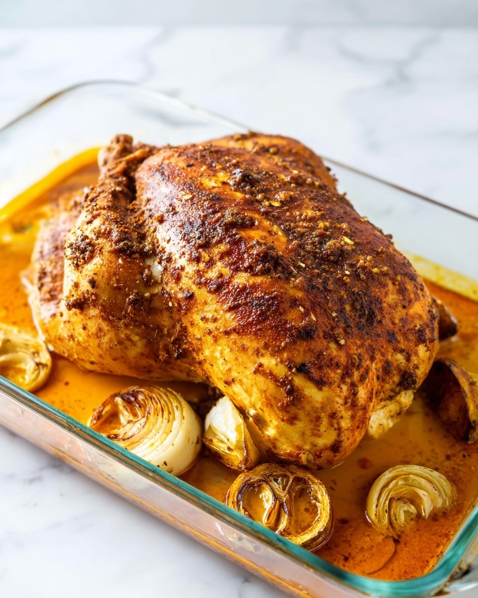 A whole roasted chicken with a crispy, golden-brown skin covered in dark brown spices sits in a clear glass baking dish. Below the chicken, there is a thick layer of orange sauce that fills the bottom of the dish. Around the chicken, there are several browned slices of onion, halved roasted garlic bulbs with a light brown color, and halved browned lemons. The dish is set on a white marbled surface that adds a clean, fresh background. photo taken with an iphone --ar 4:5 --v 7