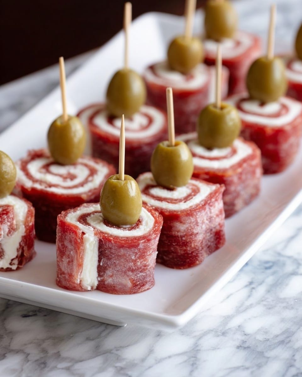 The image shows a white rectangular plate on a white marbled surface, filled with small rolled appetizers. Each roll is made of two layers: an outer red layer of thinly sliced meat and an inner white layer of cream cheese or similar spread, creating a spiral pattern inside. Most rolls are topped with a green olive held in place with a wooden toothpick that stands vertically. The rolls are arranged in neat rows, giving a clean and organized look. Photo taken with an iphone --ar 4:5 --v 7