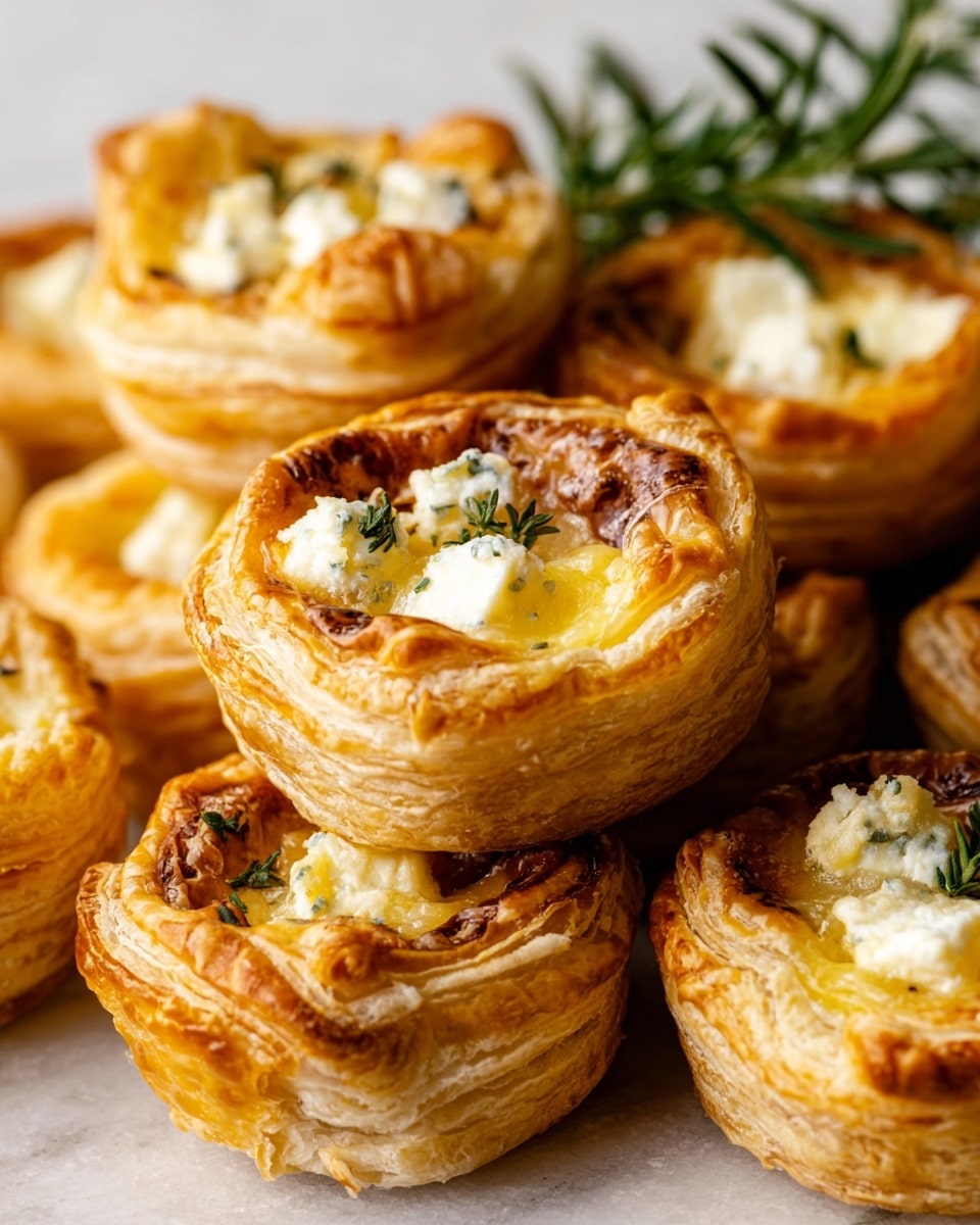 The image shows several small round puff pastry cups stacked close together on a white marbled surface, each cup having about five visible flaky golden-brown layers forming the sides. The centers are filled with creamy, melted yellow cheese topped with small pieces of soft white cheese and a sprinkle of dried green herbs. The pastry edges have a crisp texture with slightly darker brown spots, and the cheese filling looks smooth and glossy. A sprig of fresh green rosemary is partially visible in the background. photo taken with an iphone --ar 4:5 --v 7
