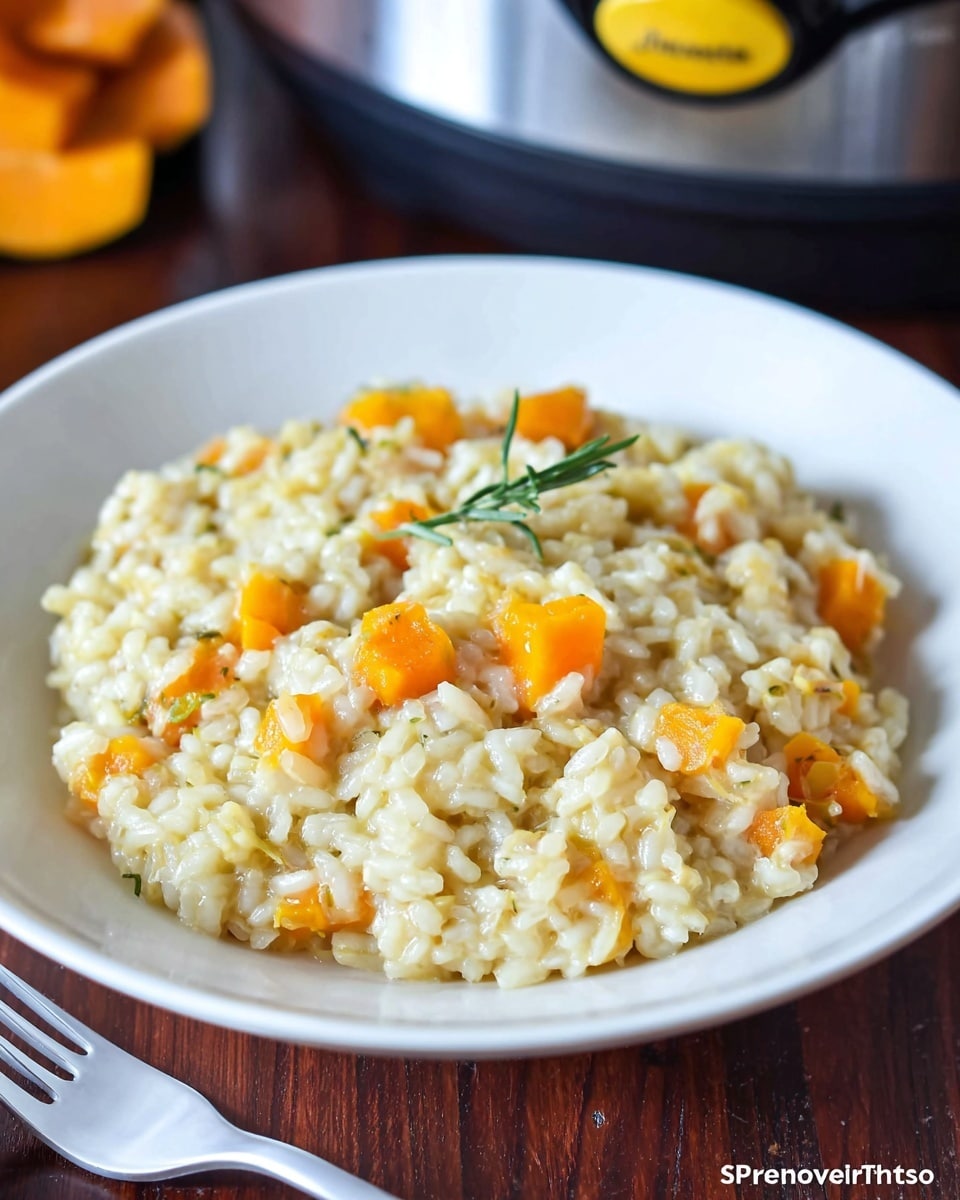 A white round shallow dish filled with creamy risotto that has a soft texture with visible plump grains of rice mixed with small chunks of orange butternut squash scattered evenly throughout the dish. On top, there is a small sprig of green rosemary placed near the edge for garnish. The dish sits on a dark wooden surface with a stainless steel kitchen appliance with a yellow knob blurred in the background. A white fork is placed near the bottom left side of the image. photo taken with an iphone --ar 4:5 --v 7