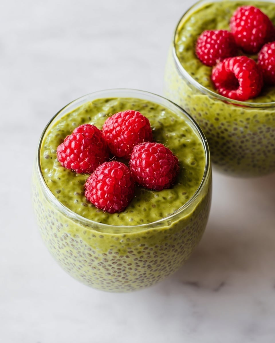 The image shows two clear glass bowls filled with a thick green chia pudding. Each bowl has a smooth, creamy texture with visible tiny chia seeds dotted throughout the pudding. On top of the pudding in each bowl, there are four bright red raspberries arranged close together, creating a color contrast with the green base. The bowls are placed on a white marbled surface, and the scene is well-lit to highlight the vivid colors and fresh, rich texture of the food. photo taken with an iphone --ar 4:5 --v 7