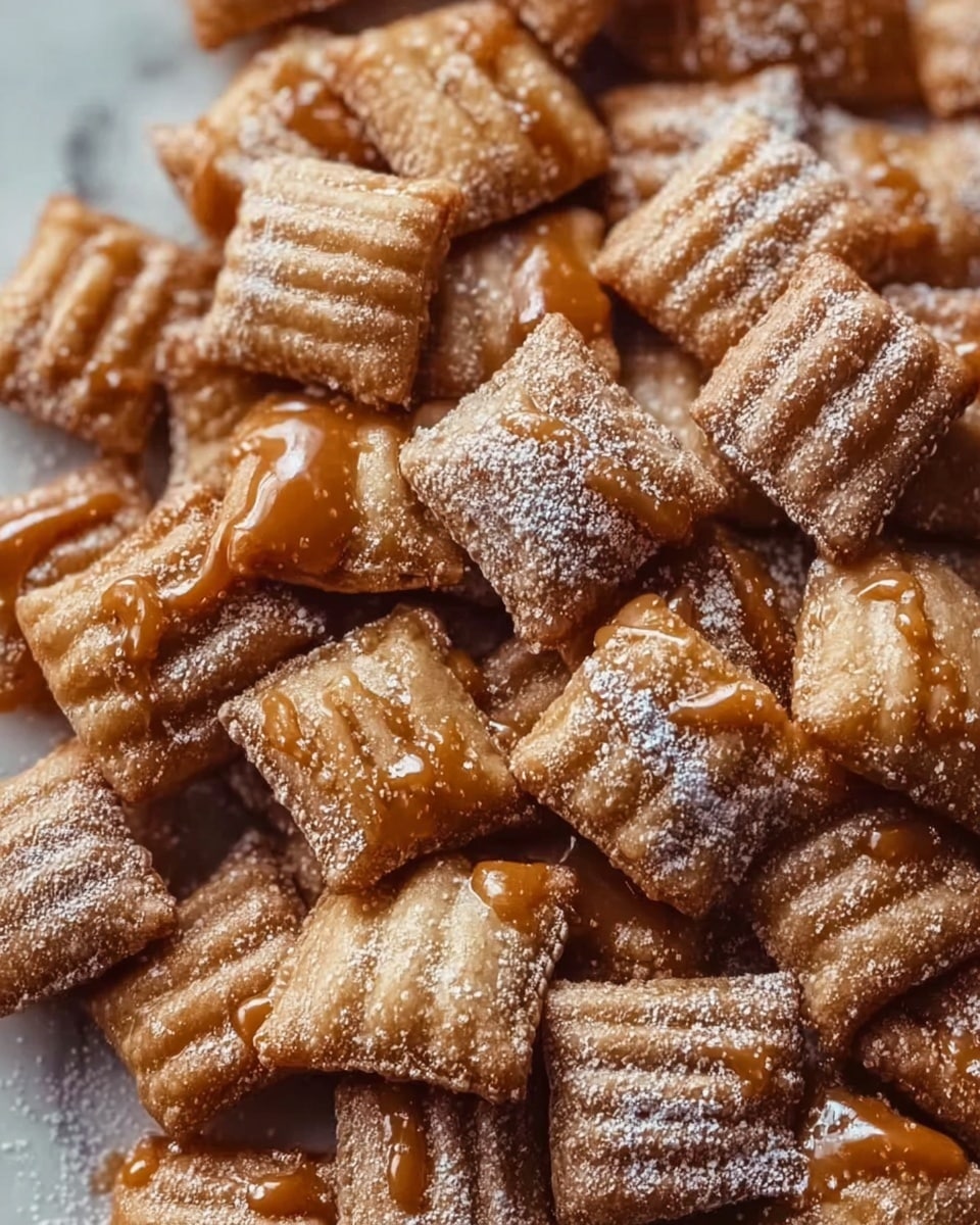 A close-up view of many small, square-shaped pillow-like snacks with a golden-brown color and slightly ridged texture. Each piece is covered with a light dusting of white powdered sugar and drizzled with a thick caramel sauce that shines under the light. The snacks are piled together, filling the entire frame, showing their crunchy texture and the contrast between the powder and caramel topping. The background is a soft white marbled surface, making the warm tones of the snacks stand out. Photo taken with an iphone --ar 4:5 --v 7