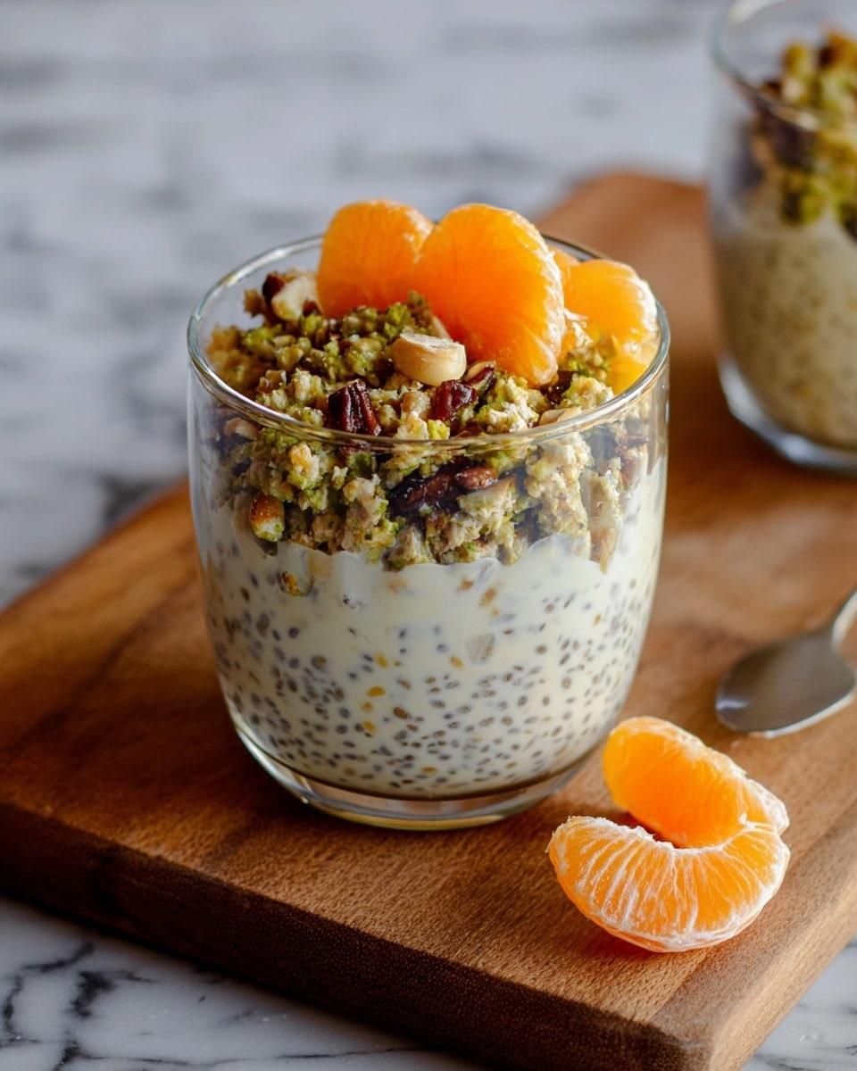 Two clear glass cups sit on a white marbled surface, each filled with three visible layers. The bottom layer is a creamy mixture with oats and tiny black chia seeds, light beige in color and filling most of the cup. On top of this is a thick, crumbly pistachio nut layer, green with bits of brown and white, looking crunchy. Each cup is finished with a bright orange slice of fruit, resting on one side of the nuts layer. The background is dark, making the cups stand out clearly. photo taken with an iphone --ar 4:5 --v 7