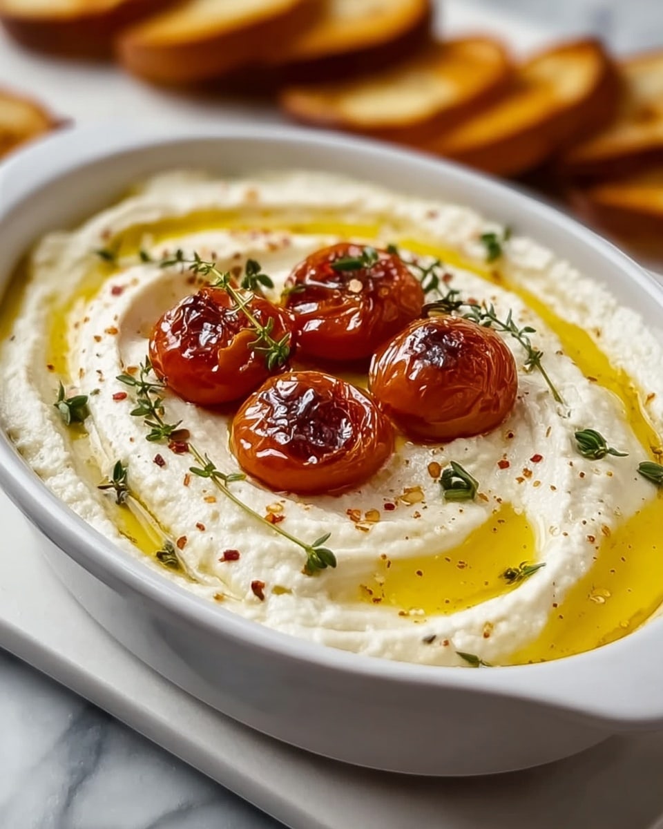 A white oval dish holds a creamy, smooth white base spread evenly in two thick layers, with a shallow swirl texture on top. Five roasted cherry tomato halves, glistening with a slightly charred surface, are centered, surrounded by small fresh green herb sprigs. The dish is drizzled with a golden-yellow olive oil in circular patterns and sprinkled lightly with cracked pepper flakes. The dish sits on a white marbled surface with some blurred slices of toasted bread in the background. Photo taken with an iphone --ar 4:5 --v 7