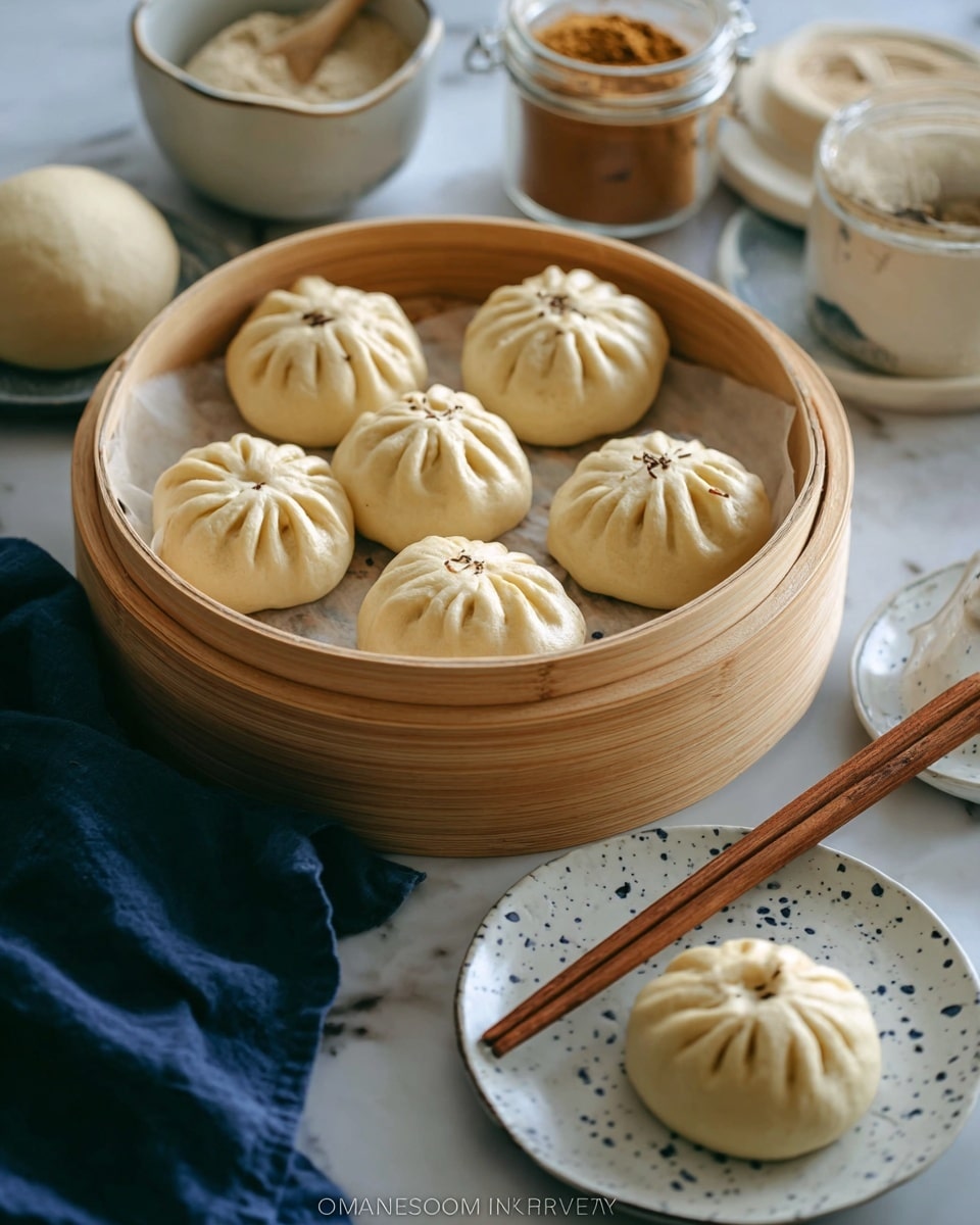 Seven round steamed buns with soft, pale beige dough and pleated tops are arranged evenly in a single layer inside a round bamboo steamer lined with white parchment paper. One similar bun sits alone on a white plate with dark blue speckles in the bottom right corner, next to a pair of wooden chopsticks positioned diagonally. The background shows several ingredients and containers blurred out, resting on a white marbled surface, including a cylindrical jar with brown powder and a white ceramic bowl with a round dough ball. A blue cloth is partially visible in the bottom left. photo taken with an iphone --ar 4:5 --v 7