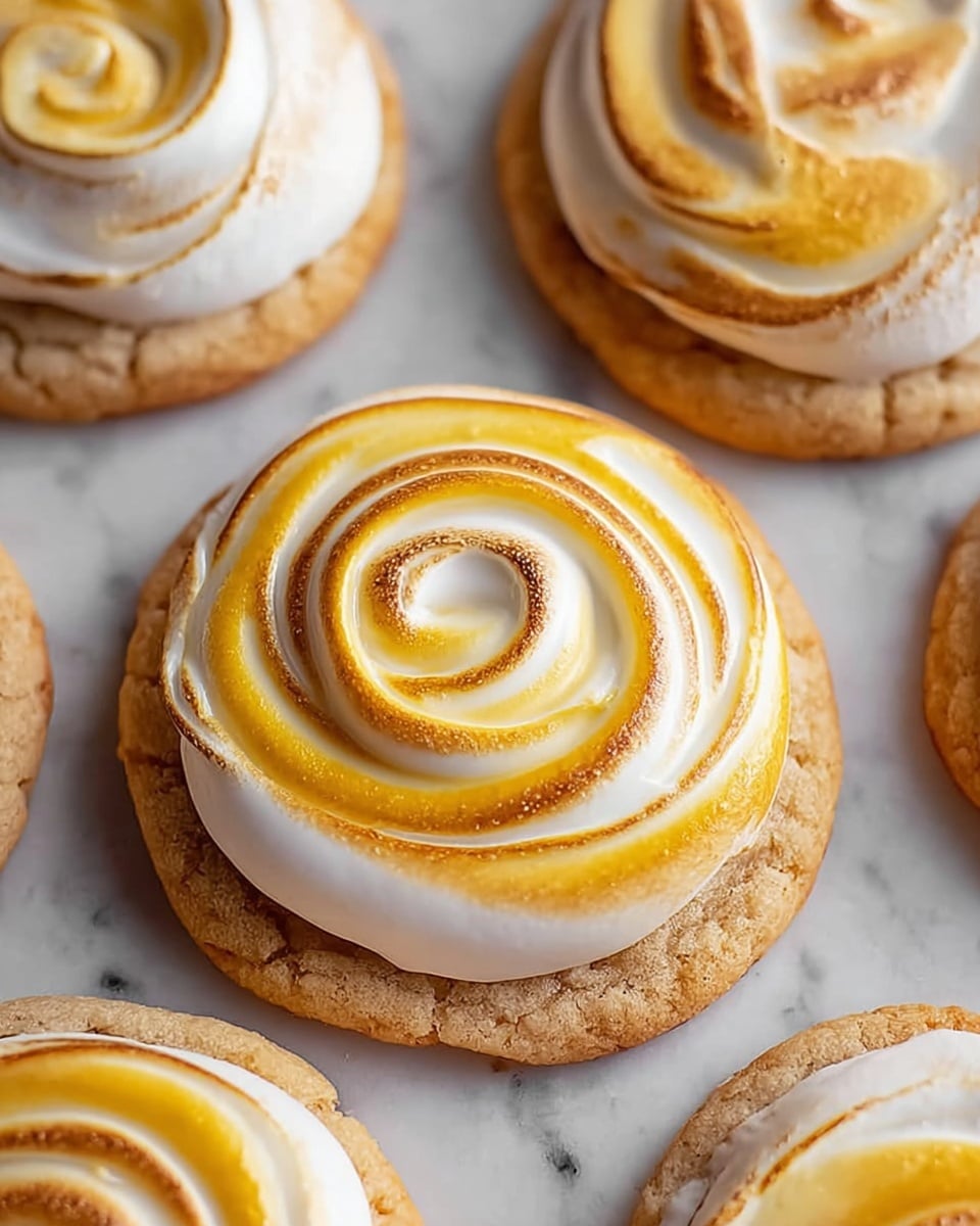The image shows a close-up of several round cookies on a white marbled surface. Each cookie has two main layers: the base is a light golden-brown cookie with a slightly cracked texture, and on top is a thick swirl of white and yellow cream. The cream is toasted, with golden-brown edges on the white portion, while the yellow cream in the middle looks glossy and smooth. The swirl rises in a spiral from the base, with the colors blending softly, giving a freshly baked and rich appearance. photo taken with an iphone --ar 4:5 --v 7