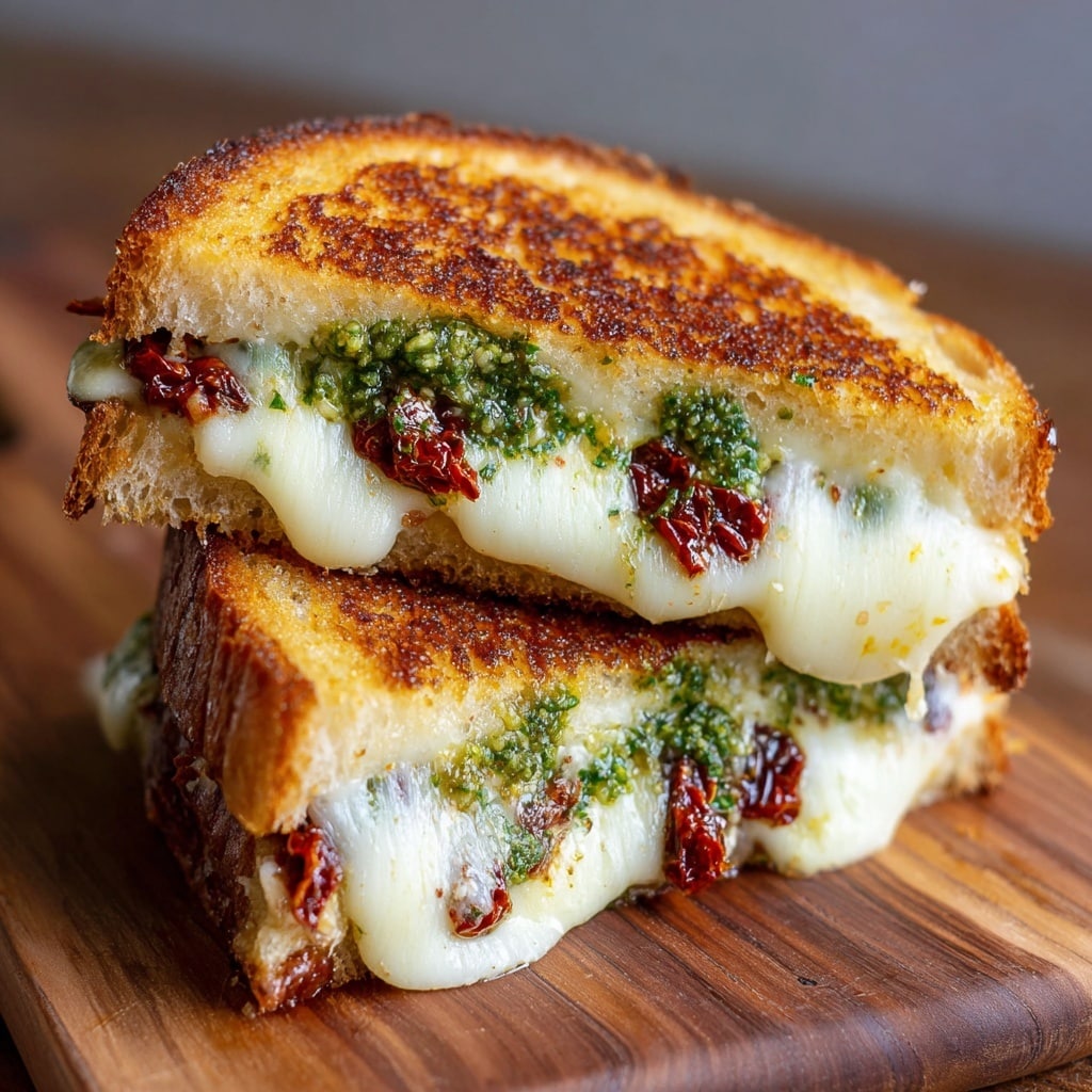 A grilled sandwich cut in half and stacked with one half resting on the other on a wooden surface. The sandwich has golden-brown toasted bread on the outside, with melted white cheese stretching inside. There is a layer of green pesto and small pieces of red sun-dried tomatoes between the cheese and bread, creating a mix of textures and colors. The inside looks soft and gooey, while the bread is crispy and toasted. photo taken with an iphone --ar 4:5 --v 7