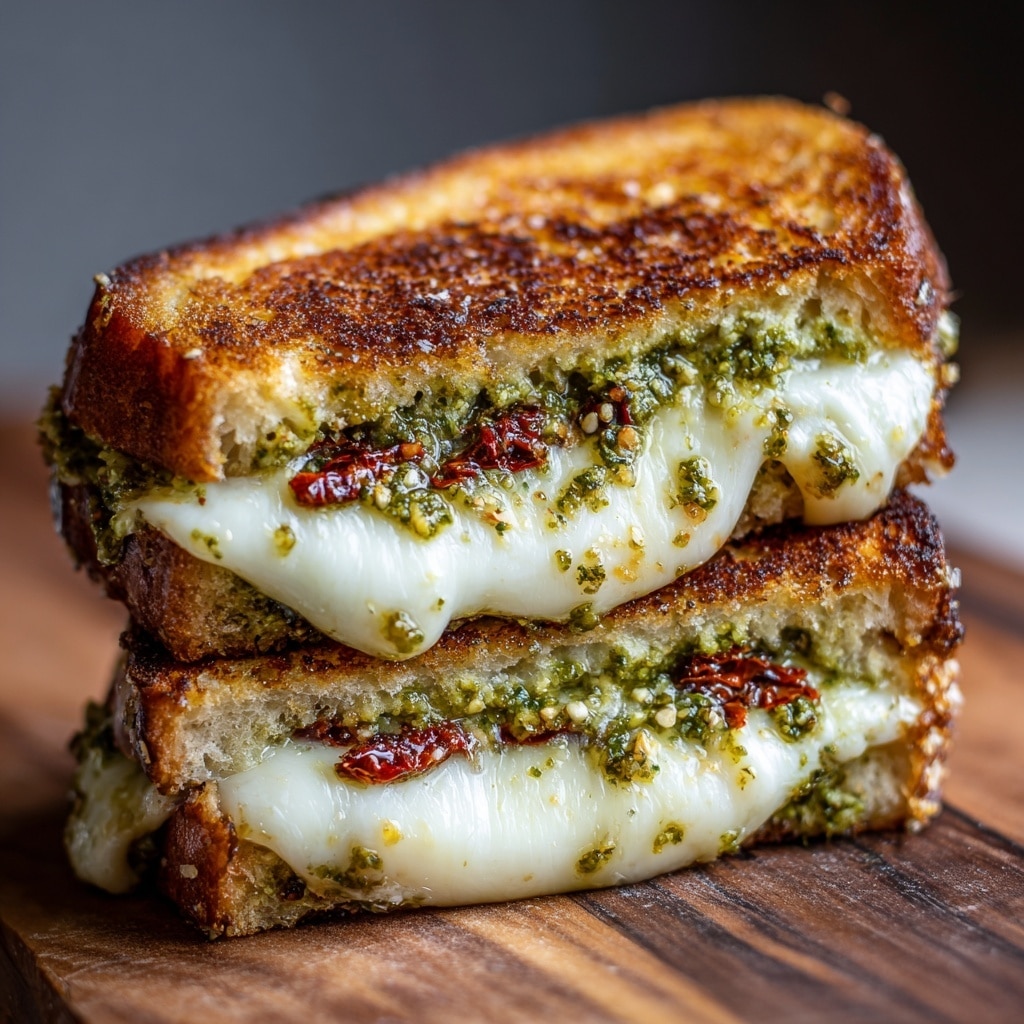 A close-up image of a grilled cheese sandwich cut in half and stacked, showing two layers of toasted golden brown bread with a slightly crispy texture on top and bottom. Inside, there is a thick white layer of melted cheese with a smooth, gooey look, mixed with a green layer of pesto spread and bits of red sun-dried tomatoes, adding a chunky texture in between the cheese layers. The sandwich is placed on a wooden surface with a shallow depth of field emphasizing the rich textures of the bread and fillings. photo taken with an iphone --ar 4:5 --v 7