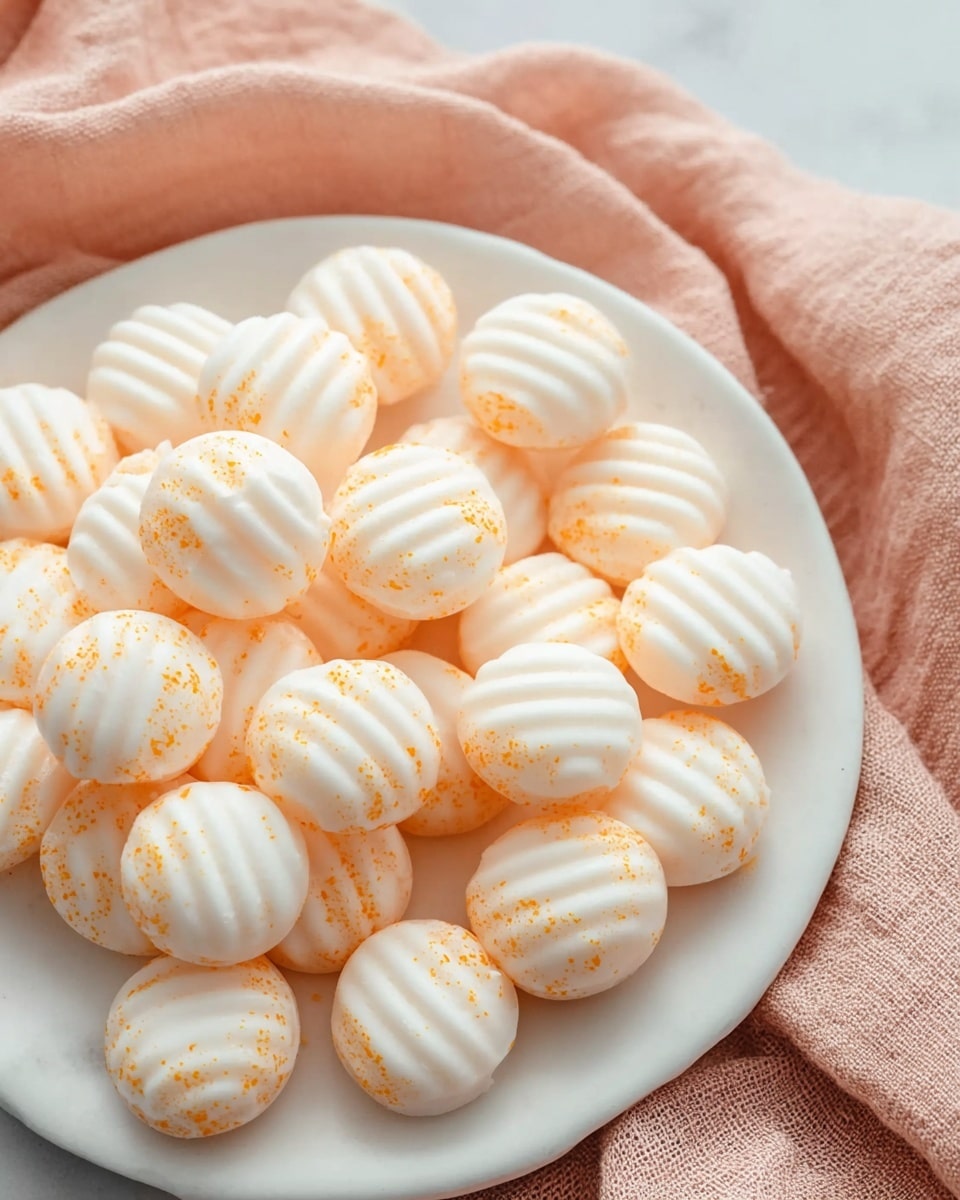 A close-up view of many small, round white candies with light orange specks on top, each candy having three gentle ridges across its surface. They are stacked loosely on a white plate, with some touching each other at different angles, giving a soft, textured appearance to the pile. The plate rests on a white marbled surface, partially covered by a soft peach-colored cloth textured like linen. The lighting is natural and soft, highlighting the smooth texture and slight translucence of the candies. Photo taken with an iphone --ar 4:5 --v 7