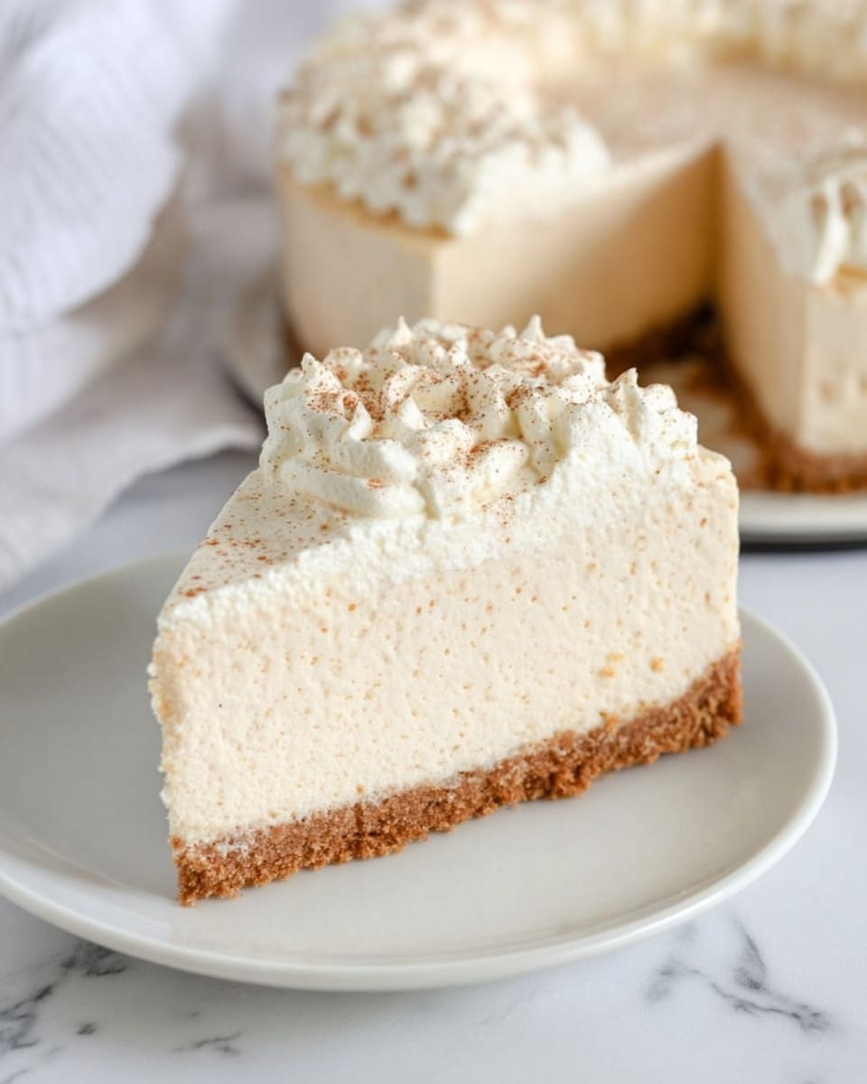 A slice of creamy cheesecake with three layers sits on a white plate on a white marbled surface. The bottom layer is a thin, crumbly brown crust made of crushed cookies or graham crackers. The middle layer is a thick, pale beige creamy cheesecake filling with a rich, smooth texture. The top layer consists of a light, fluffy white whipped topping with soft peaks, sprinkled with fine brown specks of cinnamon or nutmeg. In the background, the remaining whole cheesecake shows the same layers and topping, blurred slightly to keep focus on the slice. Photo taken with an iphone --ar 4:5 --v 7