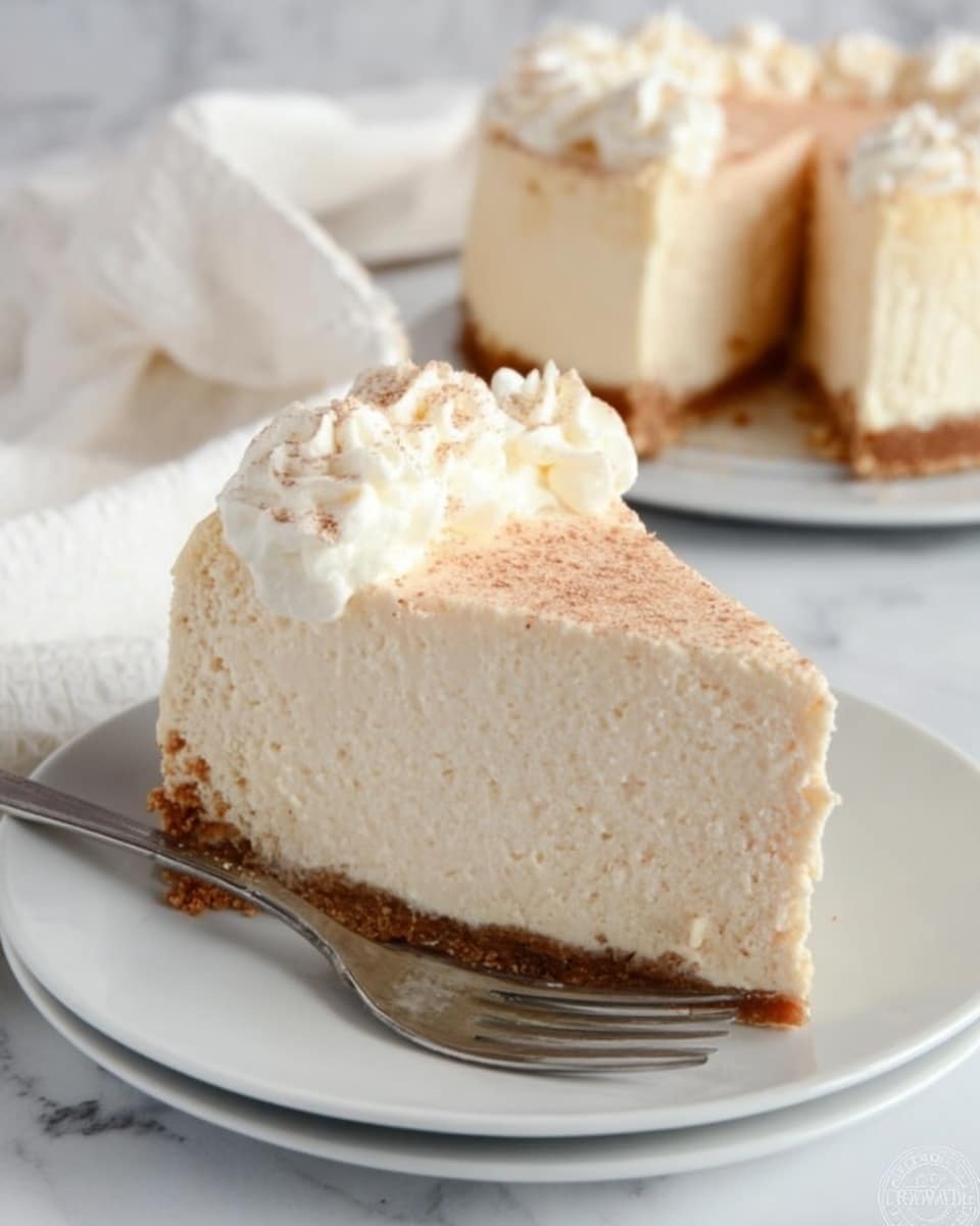 A slice of creamy, light beige cheesecake with a smooth, slightly whipped texture sits on a white plate. The cheesecake has two layers: a thick, dense, light beige creamy layer on top and a thin, crumbly brown crust at the bottom. There is a sprinkle of light brown powder topping the cheesecake, with a dollop of whipped cream on one side of the slice. A silver fork rests beside the cheesecake on the plate. In the background, the remaining cheesecake is partially visible on another white plate, placed on a white marbled surface with a white cloth nearby. Photo taken with an iphone --ar 4:5 --v 7