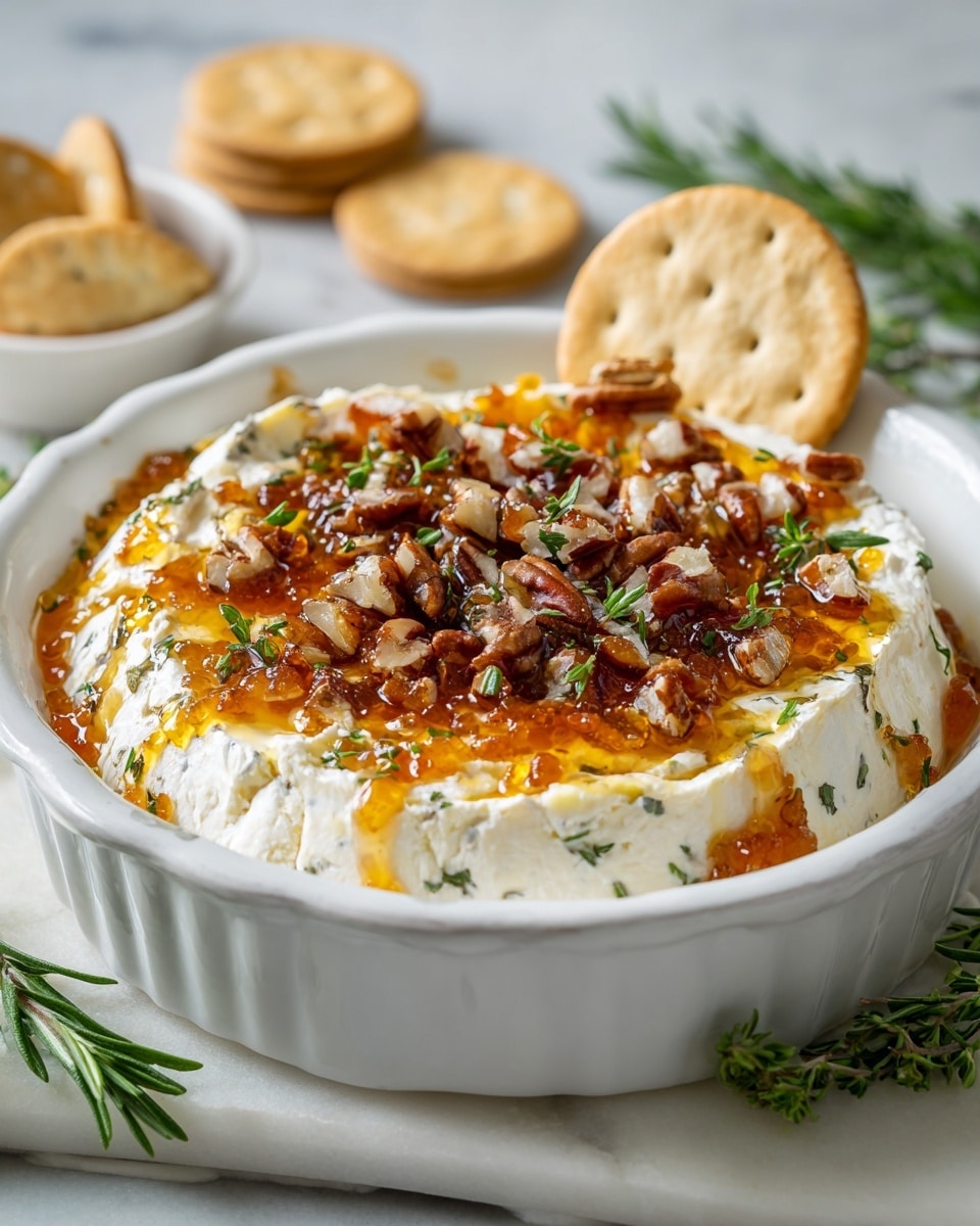 A close-up image shows a white oval dish with a creamy white cheese layer at the bottom, topped with a shiny golden orange marmalade layer spread unevenly, then sprinkled with small chopped brown pecans and green rosemary sprigs. A woman's hand is holding a round, slightly browned cracker dipped into the layers, with some cheese, marmalade, and pecans on it. The dish sits on a white marbled surface, with more crackers and small bowls blurred in the background. photo taken with an iphone --ar 4:5 --v 7