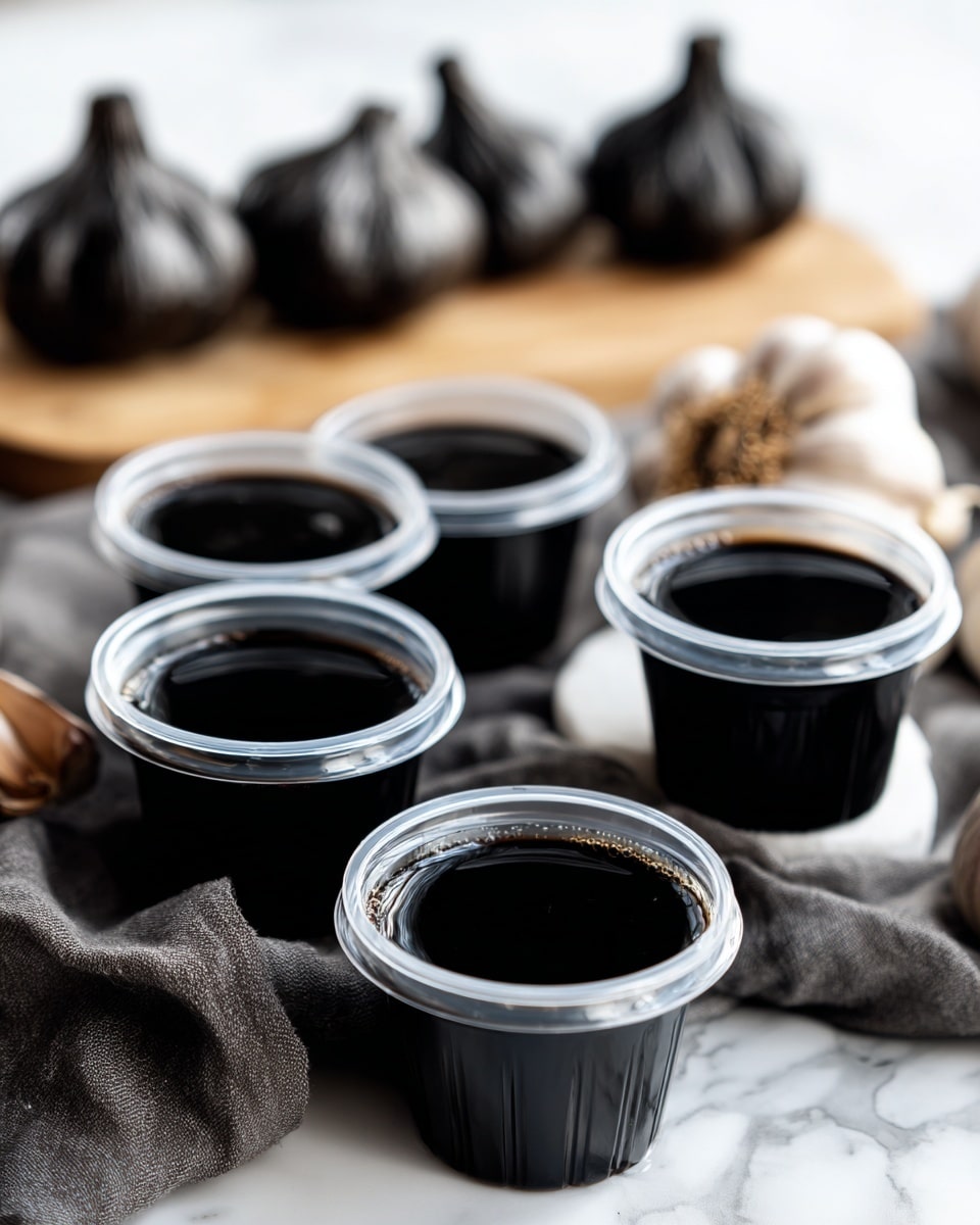 The image shows five small black plastic cups filled with a glossy dark liquid, arranged on a white marbled surface. These cups have clear plastic lids and are grouped closely together, with some parts of a dark gray cloth visible beneath and around them. In the background, there are several whole, unpeeled black garlic bulbs placed on a wooden board. The overall scene is softly lit, highlighting the shine on the liquid surface and the smooth texture of the garlic bulbs. photo taken with an iphone --ar 4:5 --v 7