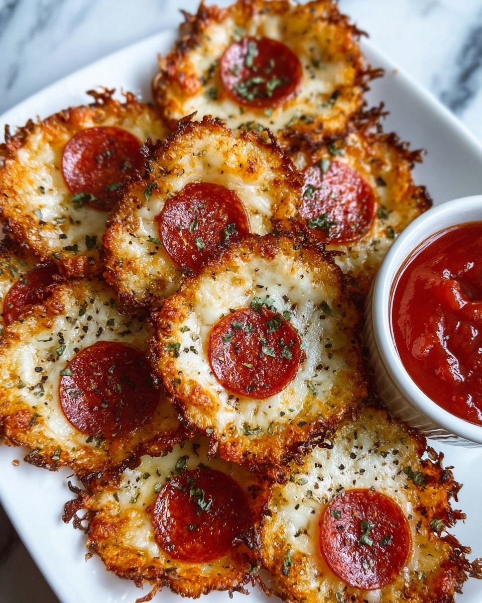The image shows several round, crispy-looking flat pieces that are golden-brown with melted cheese and a few slightly browned edges. Each piece has one or two round slices of dark red pepperoni on top, sprinkled with small green herb flakes. They are arranged in a slightly overlapping, casual pile on a white marbled surface. In the background, there is a small white bowl filled with a red sauce dotted with green herbs. A woman's hand is reaching from the side, about to pick one piece. Photo taken with an iphone --ar 4:5 --v 7
