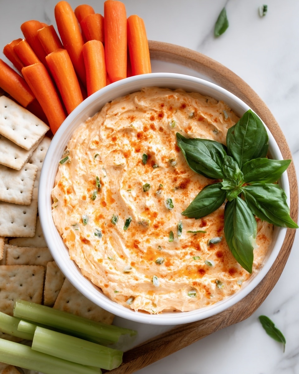 A white bowl filled with creamy, light orange dip with swirled texture and small green herb pieces scattered on top, garnished with fresh basil leaves in the center. To the left of the bowl, there are bright orange baby carrots and white crackers arranged neatly on a white marbled surface, along with pale green celery sticks. The whole scene sits on a white marbled background, creating a clean and fresh look. photo taken with an iphone --ar 4:5 --v 7