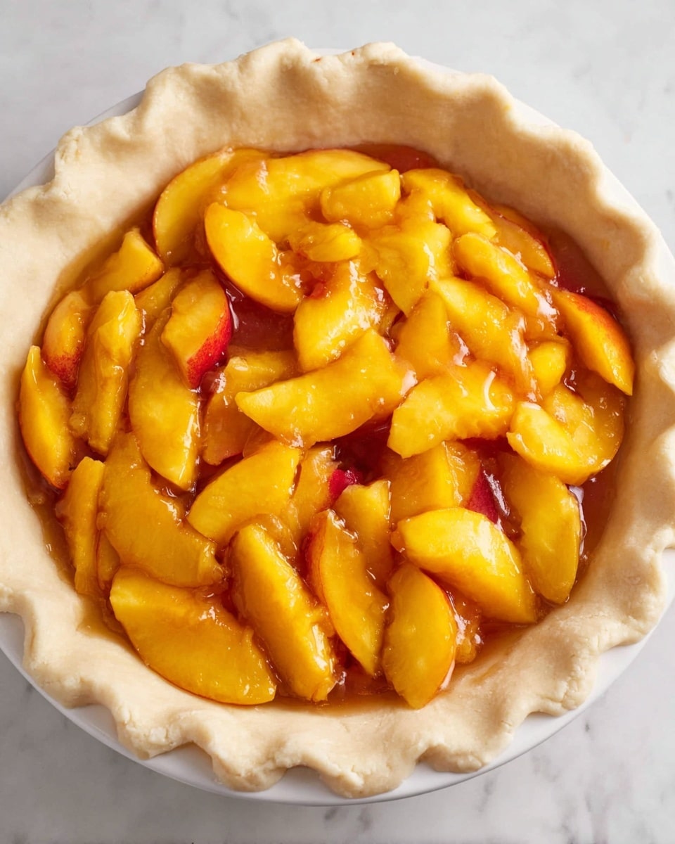 A close-up top view of a pie crust filled with peach slices coated in syrup, arranged in a single, thick, golden-orange layer with visible juice coating each piece. The pie crust is pale beige with a soft, slightly uneven edge folded over the filling, all set inside a round white pie dish. The background is a white marbled surface. Photo taken with an iphone --ar 4:5 --v 7