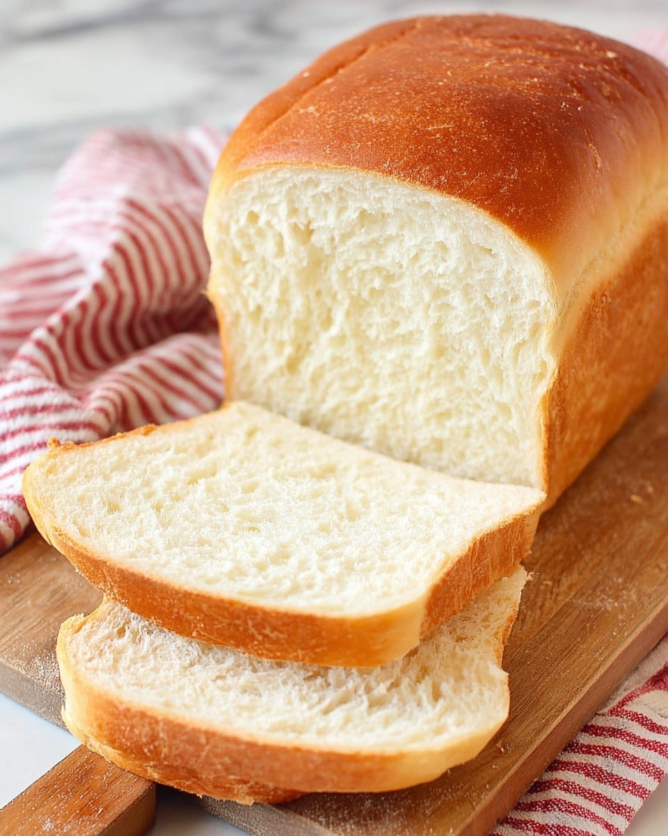 The image shows a freshly baked loaf of white bread with a golden brown crust on top, placed on a wooden cutting board. Two thick slices are cut from the loaf and laid in front, showing a soft, fluffy, and light cream-colored interior texture with fine, even crumbs. The cutting board rests on a white marbled surface, with a red and white striped cloth partially visible underneath the bread. The scene has a bright and clean look, emphasizing the bread's softness and freshness. photo taken with an iphone --ar 4:5 --v 7