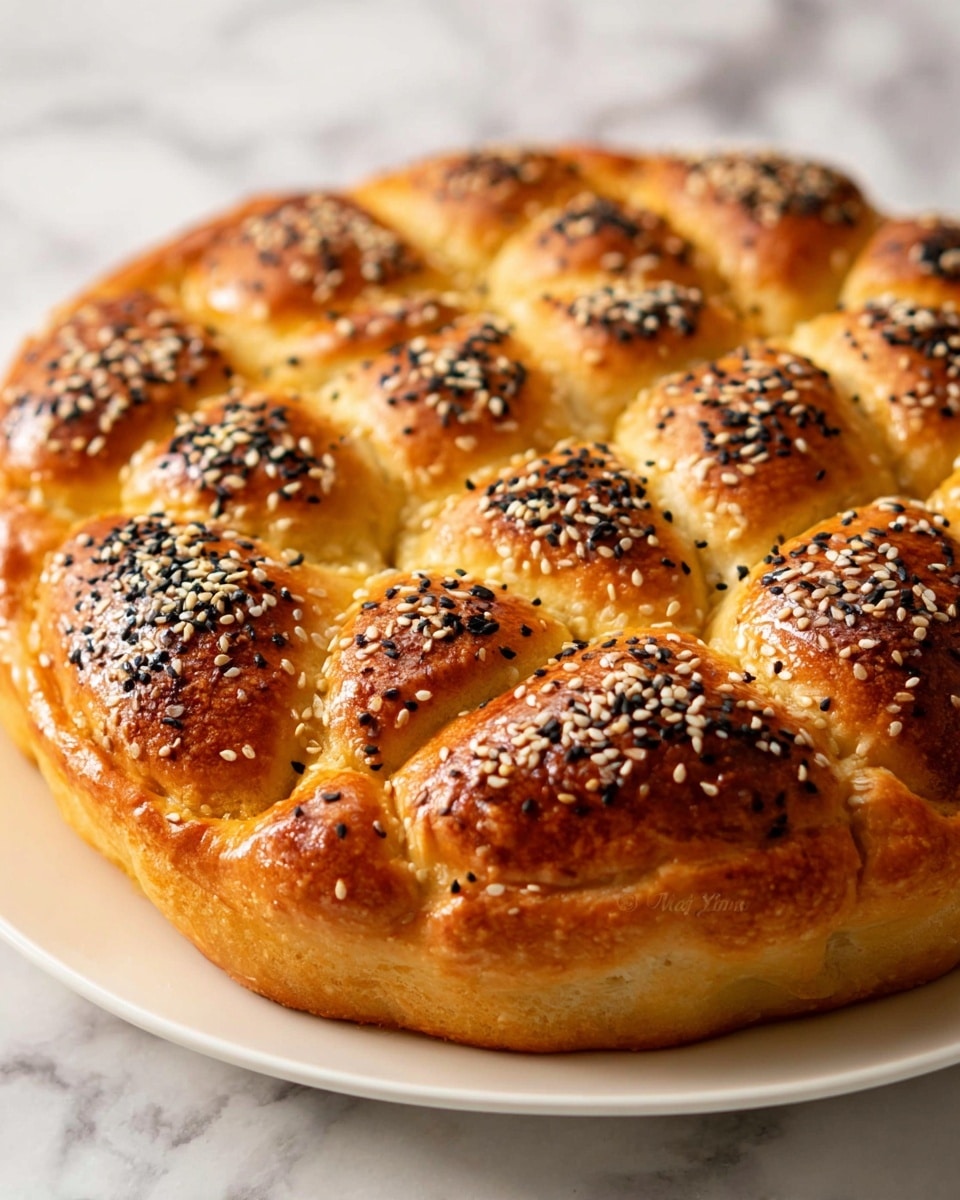 A round bread with a golden brown crust, topped with white and black sesame seeds. The bread is divided into multiple raised sections with a slightly shiny, soft texture. The outer edge is thicker and evenly browned, creating a border around the raised, puffed-up pieces inside. The bread sits on a plain white plate against a white marbled background, showing the texture and color contrast clearly. photo taken with an iphone --ar 4:5 --v 7