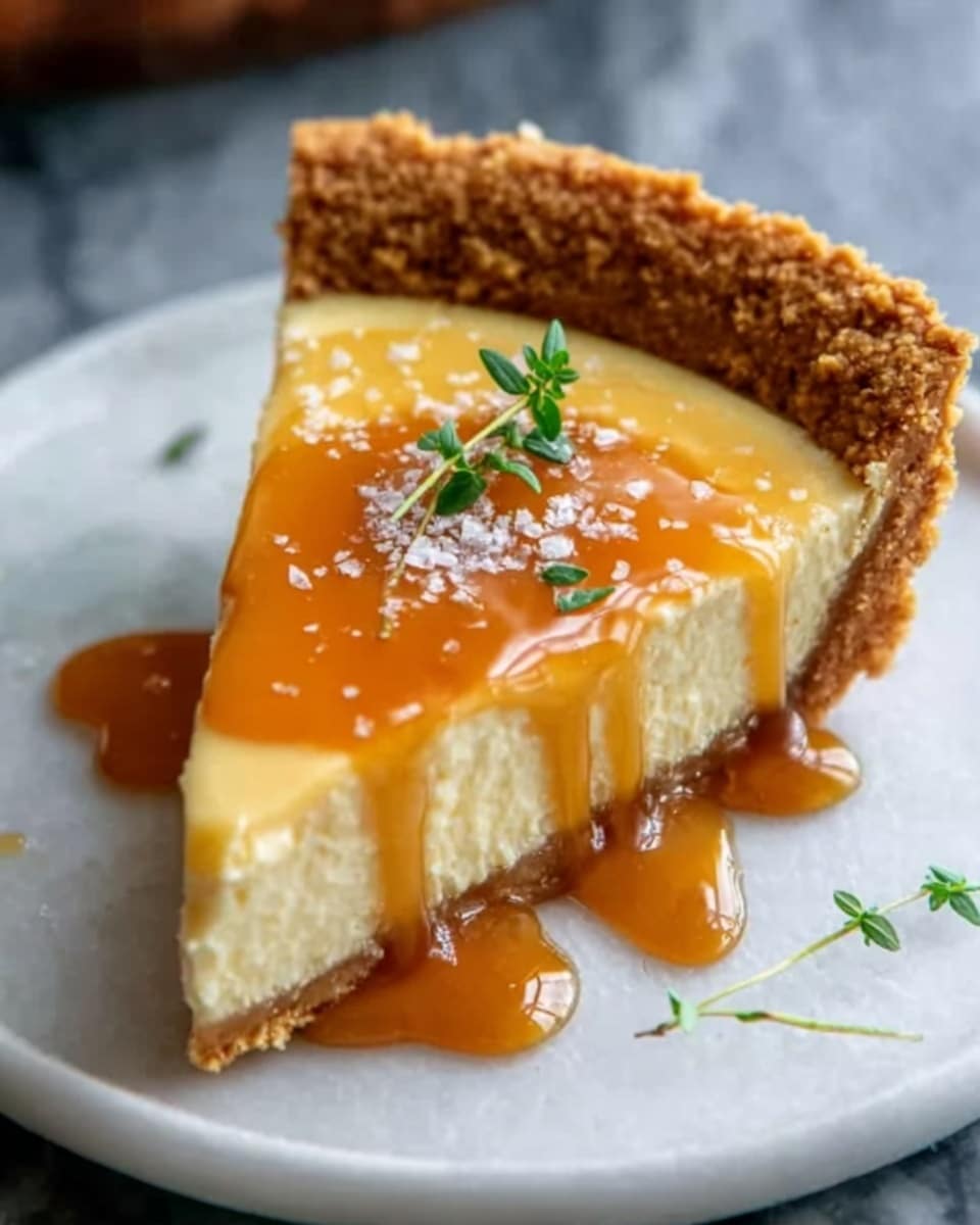A close-up view of a single slice of pie with a golden-brown thick crust on the outer edge, filled with a smooth, creamy yellow layer. On top, a bright amber glossy sauce is dripping down the side of the pie, garnished with small sprigs of green herbs and a light sprinkle of white powder. The pie slice sits on a white plate showcasing a few crumbs and green herb pieces around it, with more crumbs in the background on a white marbled surface. Photo taken with an iphone --ar 4:5 --v 7