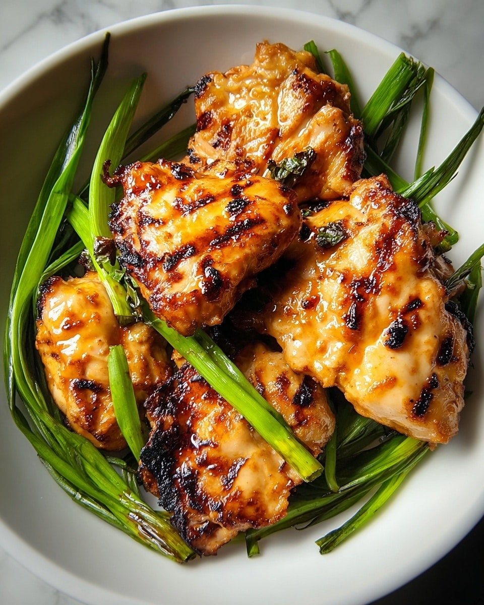 The image shows a white bowl filled with four pieces of grilled chicken that have golden-brown and slightly charred edges, giving a shiny and juicy look. The chicken pieces are arranged closely together, resting on a bed of long green grilled scallions that have also been slightly charred. The scallions add a fresh, vibrant green color and a light texture contrast to the warm, tender chicken. The bowl sits on a white marbled surface, creating a clean and bright setting that makes the dish stand out. photo taken with an iphone --ar 4:5 --v 7