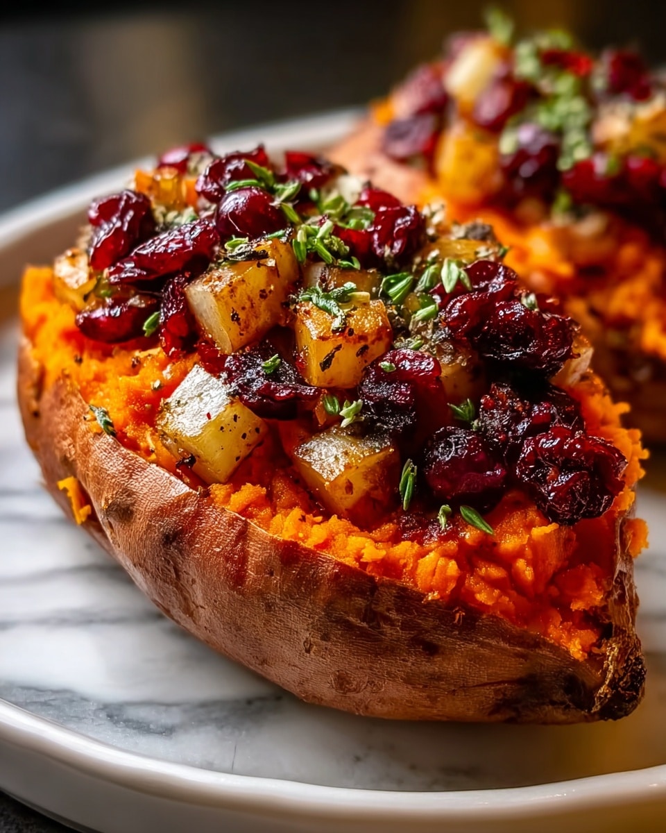 The image shows a roasted sweet potato sliced in half, with three main layers. The bottom layer is the bright orange soft flesh of the sweet potato, slightly textured and filling the skin. On top of that is a layer of golden brown cubed fruit or vegetables, adding chunks of texture. The top layer consists of shiny dark red cranberries and dried cranberries scattered evenly, with small green herb bits sprinkled over the whole dish for color contrast. The sweet potato rests on a white plate with a white marbled texture surface in the background. The photo taken with an iphone --ar 4:5 --v 7