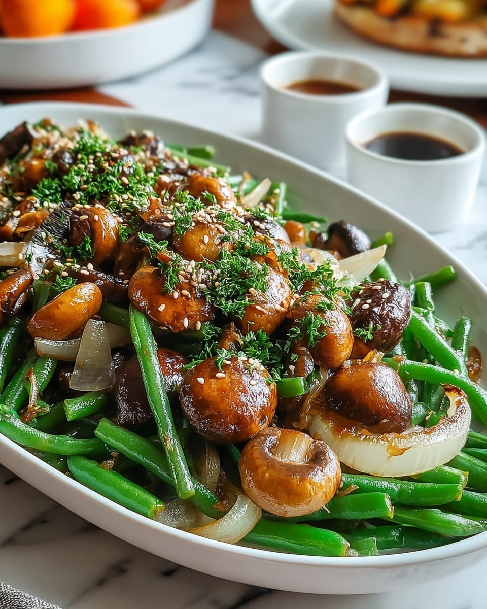 A white plate filled with two main layers: the bottom layer is bright green, cooked green beans, thin and slightly shiny with oil, pointing in different directions but mostly horizontal; the top layer is golden-brown cooked mushroom slices with a shiny glaze, sprinkled with small chopped green parsley leaves and white sesame seeds, giving a fresh and textured look. The food sits on a white marbled surface, with a small white dipping bowl partly visible in the background, and a blurred orange drink behind. photo taken with an iphone --ar 4:5 --v 7