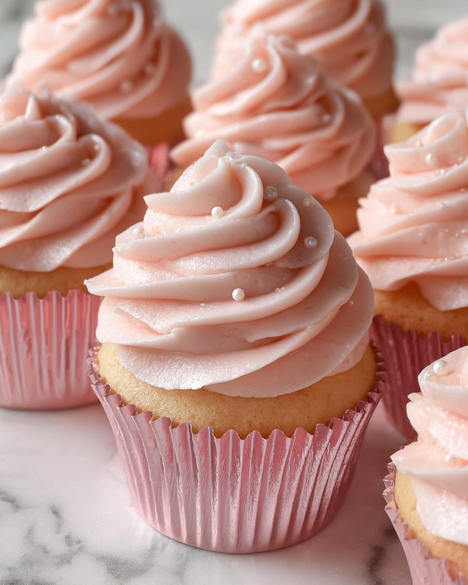 Several cupcakes are shown in close-up, each in a shiny pale pink metallic liner. Each cupcake has one layer of light golden cake at the bottom, topped with one thick swirl of smooth, pale pink frosting that stands tall. Small pearl-like sugar beads decorate the frosting. The cupcakes are arranged closely on a soft, white marbled surface. Photo taken with an iphone --ar 4:5 --v 7