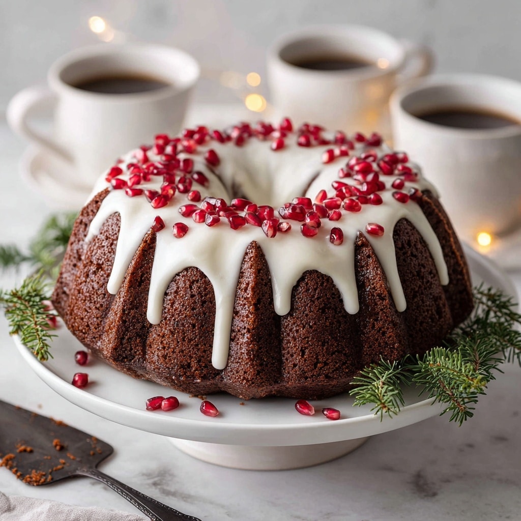 A dark brown bundt cake with a thick white glaze drizzled down the ridges, topped with scattered bright red pomegranate seeds, sits centered on a white plate. The cake has about twelve defined segments with the glaze flowing down each one, pooling a little on the plate. Two green pine sprigs rest under the plate on opposite sides. Around the cake, the white marbled surface is dusted lightly with white powder, decorated with small red pomegranate seeds, a shiny silver cake server with a few seeds, a frosted pine cone, gold and silver Christmas ornaments, a small white pitcher with cream, and a white cup of dark tea with a tea bag inside. A soft gray cloth is placed at the top right. Photo taken with an iphone --ar 4:5 --v 7