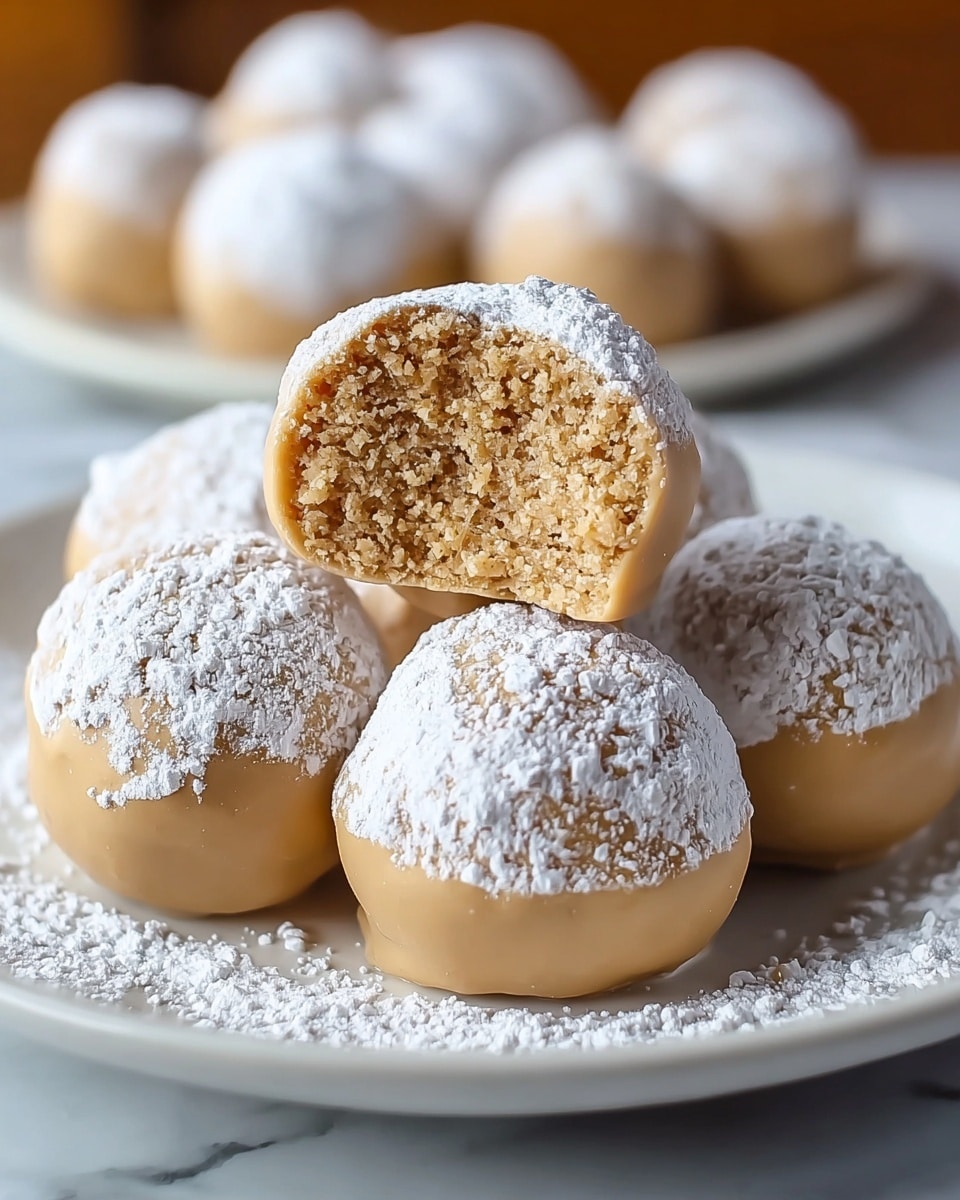 The image shows a close-up of round treats arranged on a white plate placed on a white marbled surface. Each treat has two layers: a smooth outer layer of light caramel color and a dusting of white powdered sugar scattered unevenly over the top and sides. One treat is cut in half and placed on top, revealing a dense, crumbly inner core that is a slightly lighter tan shade with a coarse texture. The plate holds several whole treats in the background with a soft focus. photo taken with an iphone --ar 4:5 --v 7