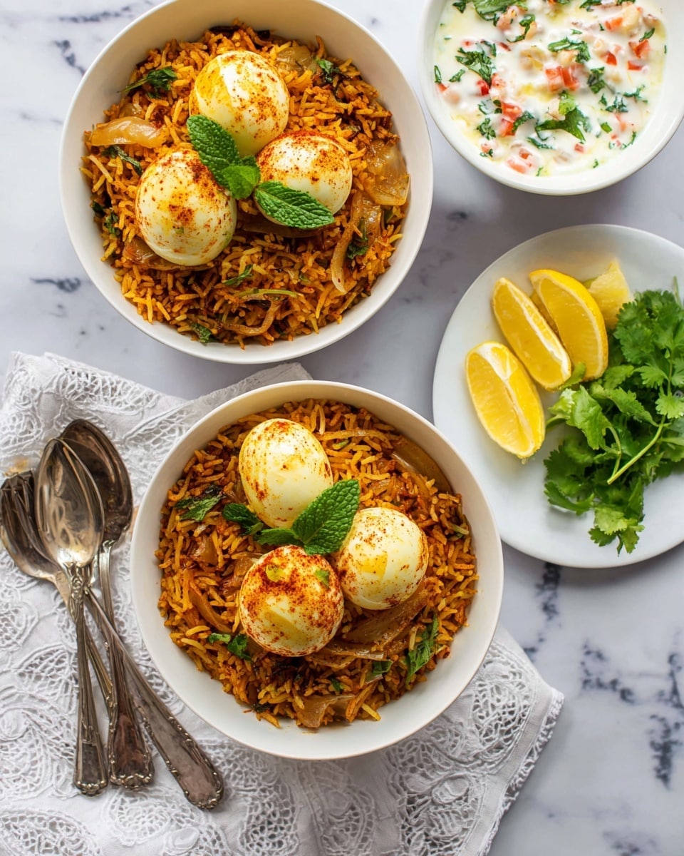 Two white bowls filled with a layer of orange-brown spiced rice mixed with visible slices of cooked onions and herbs. Each bowl has two whole boiled eggs with shallow cuts placed on top, slightly shiny with seasoning. Bright green mint leaves are added on the rice for garnish. To the top right, a white bowl contains a creamy white sauce with bits of red and green vegetables mixed in. Above that, a white plate holds yellow lemon wedges and green cilantro. The setting is on a white marbled surface, with two antique silver spoons and a fork placed beside a white patterned cloth. photo taken with an iphone --ar 4:5 --v 7