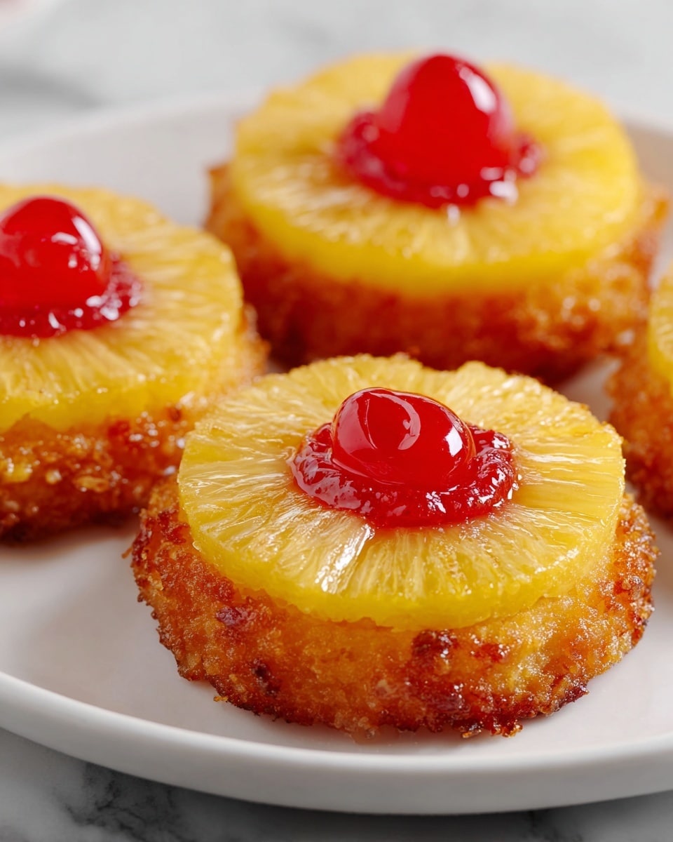 The image shows small round mini cakes on a white plate placed on a white marbled surface. Each mini cake has two layers: the bottom layer is golden brown, crispy, and slightly textured like a baked crust, while the top layer is a bright yellow, juicy pineapple ring. In the center of each pineapple ring, there is a small dollop of shiny red cherry jelly topped with a glossy red maraschino cherry. The colors pop with the warm yellow of the pineapple and the vibrant red of the cherry against the crisp white plate. photo taken with an iphone --ar 4:5 --v 7