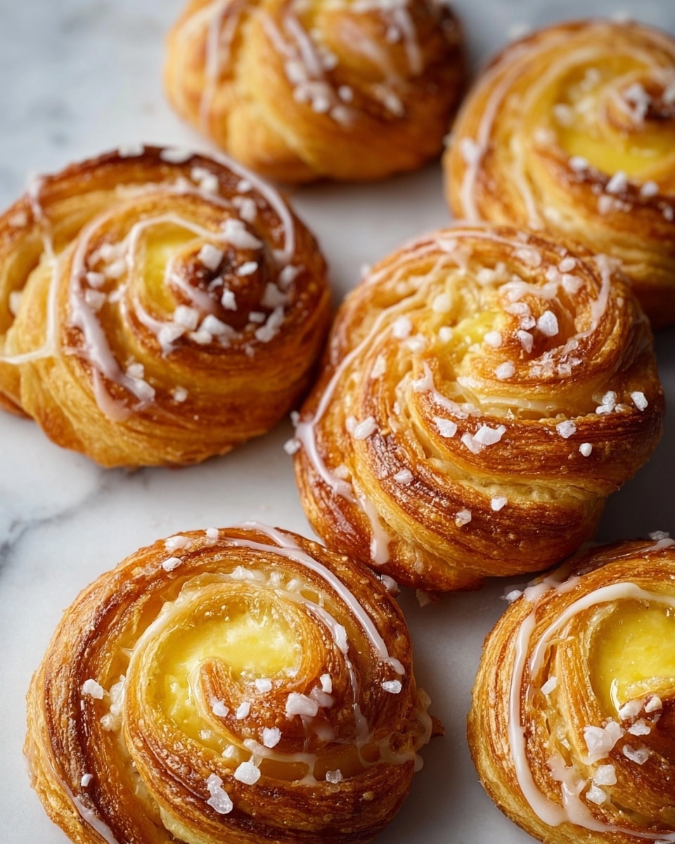 The image shows six round pastries with a golden-brown color and a visible flaky texture, arranged closely on a white marbled surface. Each pastry has multiple thin layers spiraled tightly into a swirl shape, with a bright yellow, smooth custard filling in the center. The front pastry has a shiny white glaze drizzled over part of its top layers, with coarse sugar crystals sprinkled on all pastries, adding a sparkling effect. The pastries look fresh and crisp with a slightly caramelized surface on the folds of the layers. photo taken with an iphone --ar 4:5 --v 7