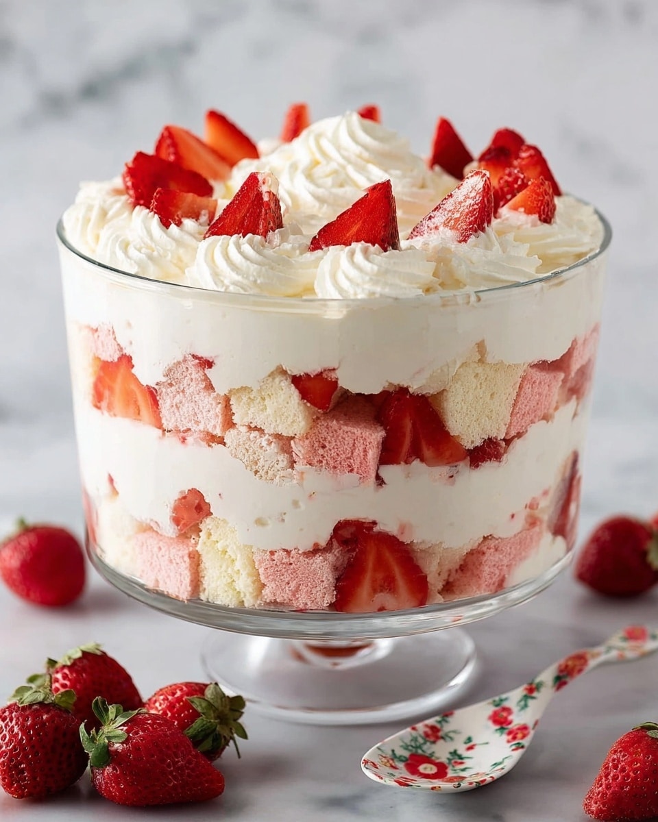 A clear glass bowl shows a layered strawberry dessert set on a white marbled surface. The bottom layer is white cream, topped with small pieces of red strawberry and pale pink sponge cake soaked with strawberry juice. Above that is another thick layer of white cream mixed with strawberry chunks and pink cake pieces. The top layer is decorated with dollops of white whipped cream and several red strawberry slices standing upright. The sides of the bowl reveal the mix of red, white, and pink textures inside. Photo taken with an iphone --ar 4:5 --v 7