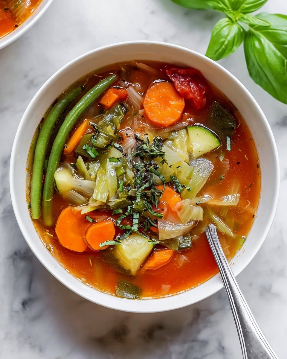A white bowl filled with vegetable soup showing a clear, reddish broth as the base layer. Within the broth, there are bright orange carrot slices and light green zucchini chunks scattered throughout the middle layer. On top, sliced cabbage pieces and chopped herbs add a mix of light and dark green colors. Three whole green beans rest along the edge of the bowl, creating a curved green border. A silver spoon is partially immersed in the soup on the right side of the bowl. The bowl sits on a white marbled surface with a fresh green basil leaf placed near the top right. Photo taken with an iphone --ar 4:5 --v 7