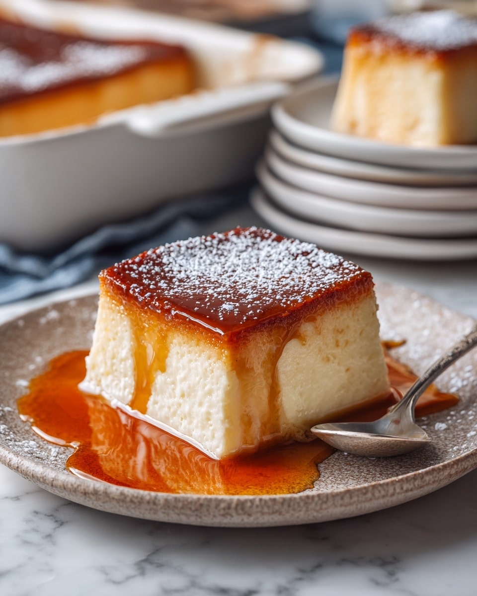 A square piece of soft, fluffy dessert with one layer, pale creamy white in color, sits on a textured light-colored plate. It is topped with a glossy, dark brown caramelized layer that drips slightly down the sides, with powdered sugar lightly sprinkled over the top. The plate contains a pool of rich amber syrup beneath the dessert. A silver spoon is placed under the dessert on the right side, and in the blurred background, there is a baking dish holding more of the same dessert and stacked white plates on a white marbled surface. photo taken with an iphone --ar 4:5 --v 7