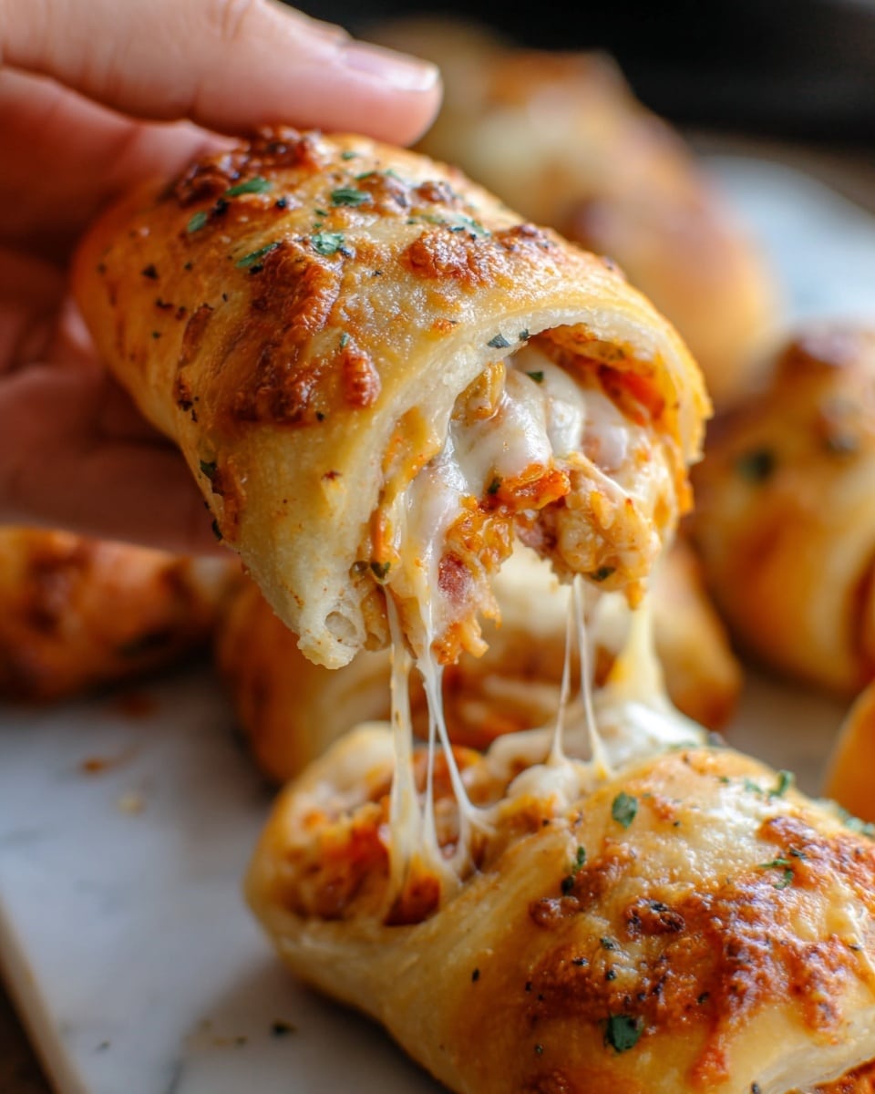 A close-up of a woman's hand holding a piece of stuffed bread roll that is golden brown on the outside with melted cheese oozing out from the inside. The bread roll has a crispy, slightly glossy surface with sprinkled herbs on top. Inside, there are layers of melted cheese stretching as the roll is pulled apart, along with visible bits of orange and green filling, possibly vegetables or sauce. In the background, more golden stuffed rolls are slightly blurred, resting on a white marbled surface. photo taken with an iphone --ar 4:5 --v 7