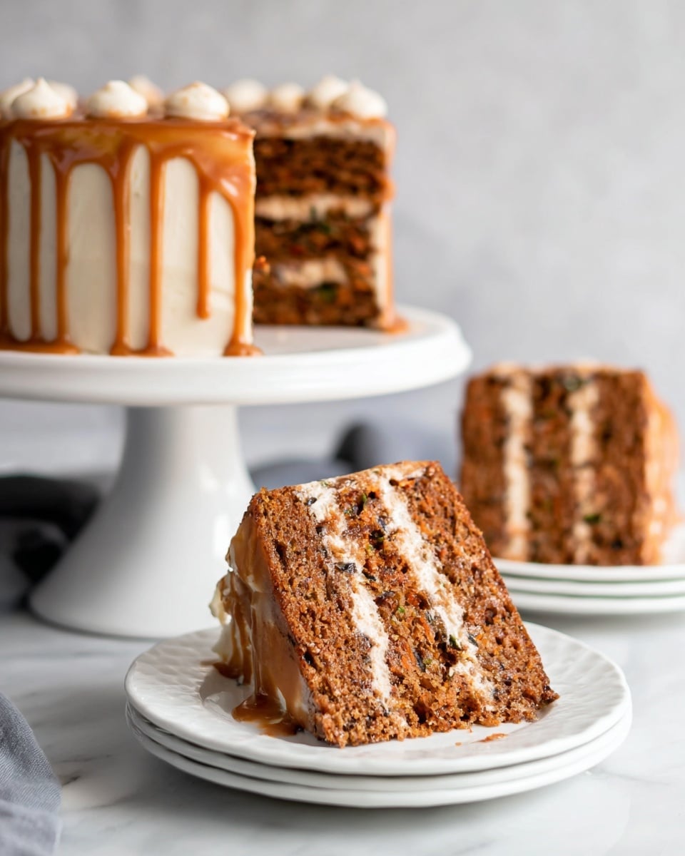 The image shows a moist, three-layer carrot cake slice on a white plate with visible green and dark specks inside the brown cake layers. Each cake layer is separated by smooth, creamy white frosting. The cake on a white cake stand has a thick layer of the same white frosting on the outside, topped with caramel-colored drizzle running down the sides. More slices of the same carrot cake are on white plates in the background. The whole scene is set on a white marbled texture surface. photo taken with an iphone --ar 4:5 --v 7