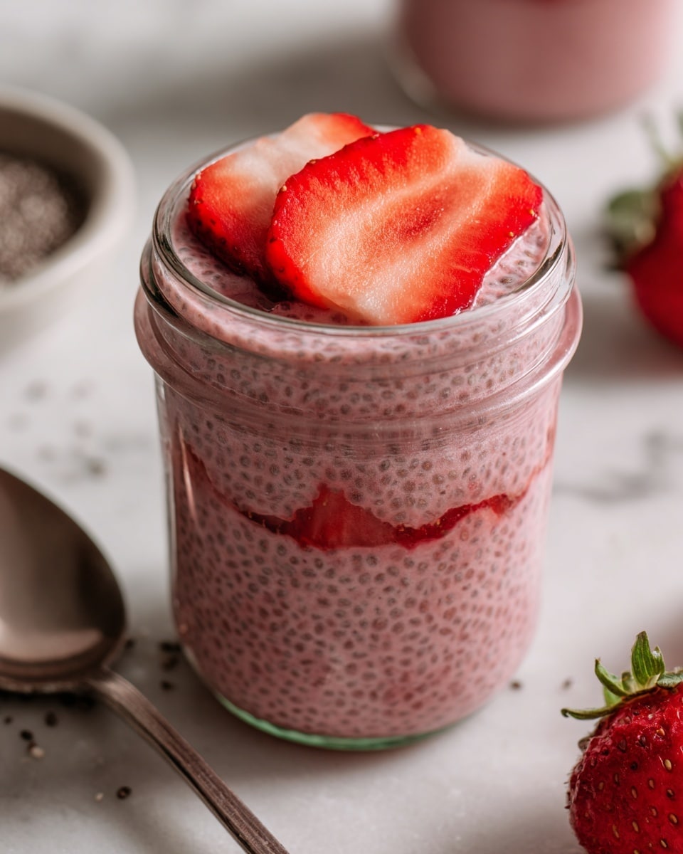 The image shows a clear glass jar filled with three layers of pink chia pudding with visible seeds throughout, topped with two halves of bright red sliced strawberries placed neatly on the surface. The jar sits on a white marbled surface with scattered chia seeds near a silver spoon on the left side and a partially visible strawberry on the right. The background is softly blurred to keep focus on the jar. photo taken with an iphone --ar 4:5 --v 7