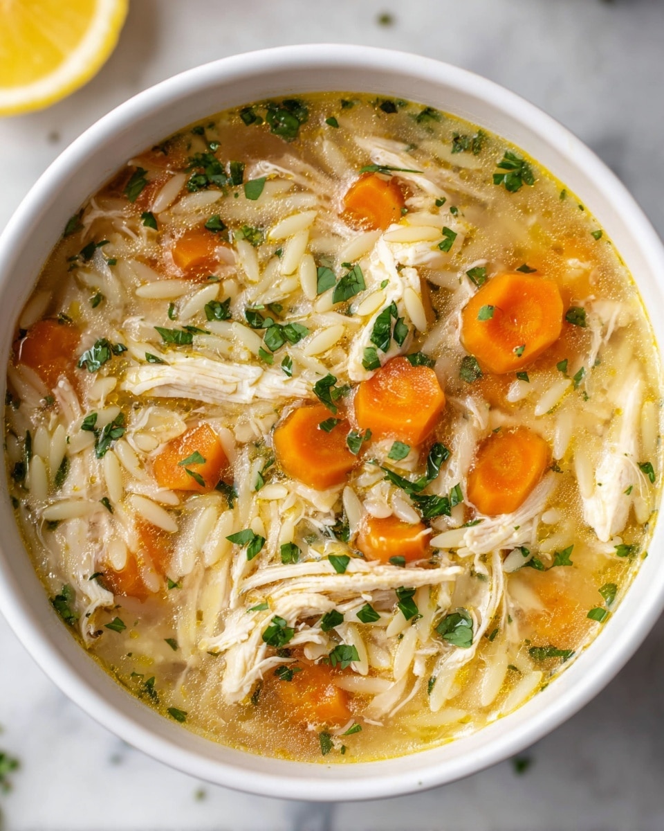 A close-up view of a white bowl filled with chicken soup, showing a clear broth base. The soup has several layers: at the bottom, small pasta pieces shaped like rice; scattered on top, shredded white chicken meat; bright orange carrot slices placed evenly throughout; and green chopped herbs sprinkled all over for color. The bowl sits on a white marbled surface, and a lemon wedge is partly visible in the background. photo taken with an iphone --ar 4:5 --v 7