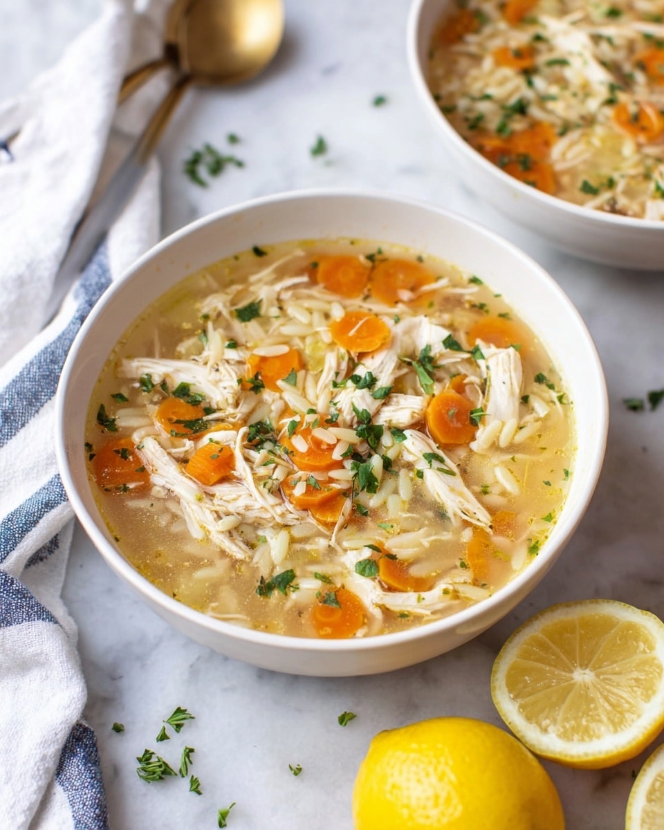 A white bowl filled with a clear broth soup layered with shredded white chicken, orange carrot slices scattered throughout, and small pieces of orzo pasta. The soup is garnished with finely chopped green herbs sprinkled on top. Two lemon halves with bright yellow peel and pale interiors are placed on a white marbled surface next to the bowl. In the background, a white bowl with the same soup is partially visible. A white cloth with blue stripes and a gold spoon are placed nearby, all on a white marbled texture. photo taken with an iphone --ar 4:5 --v 7