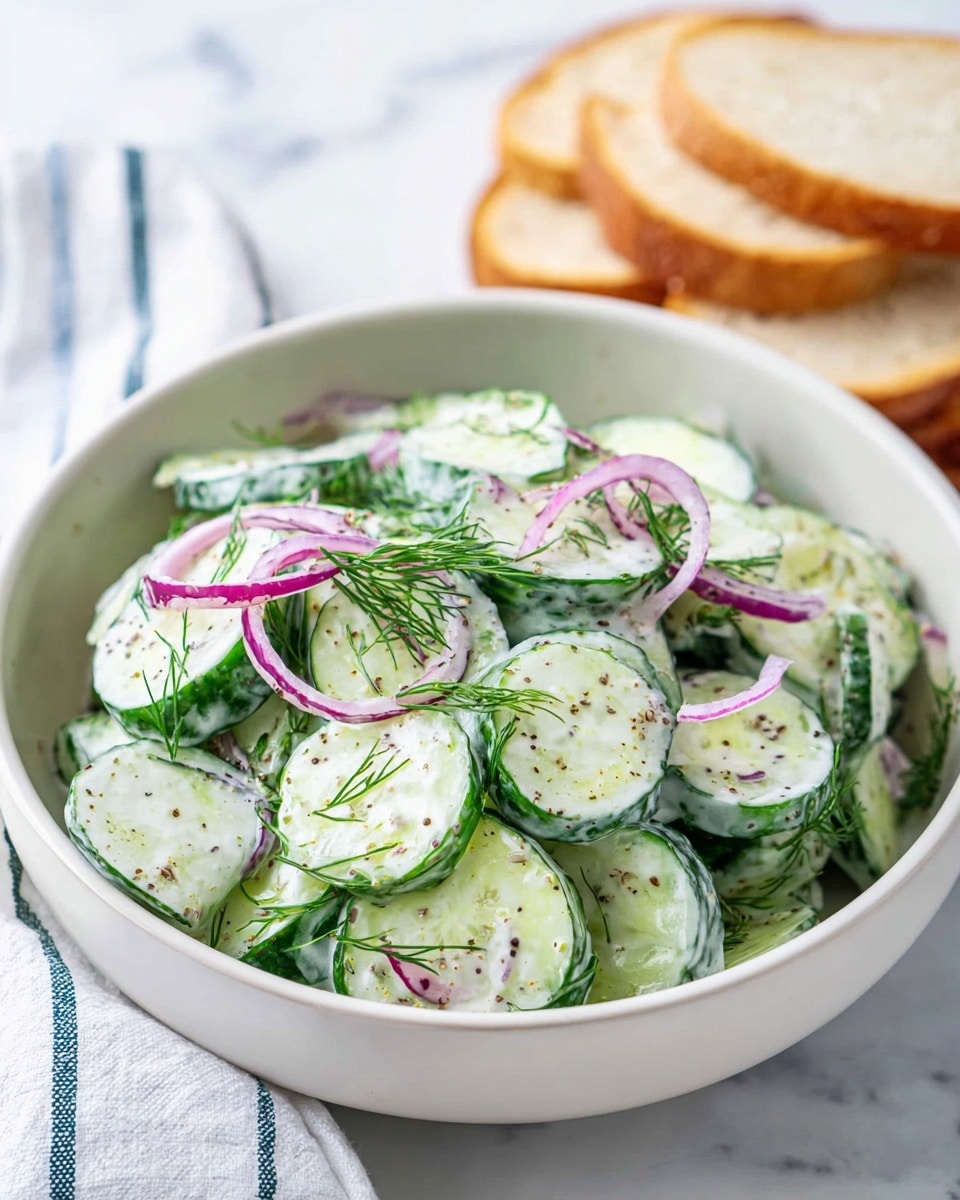 A white bowl filled with a fresh cucumber salad resting on a white marbled surface, showing thinly sliced cucumber pieces coated in a creamy white dressing with visible specks of black pepper and fresh green dill sprinkled throughout. Thin slices of red onion are scattered on top, adding a touch of purple color. In the background, slices of light brown bread are slightly blurred, and a white cloth with blue lines is partially visible next to the bowl. photo taken with an iphone --ar 4:5 --v 7