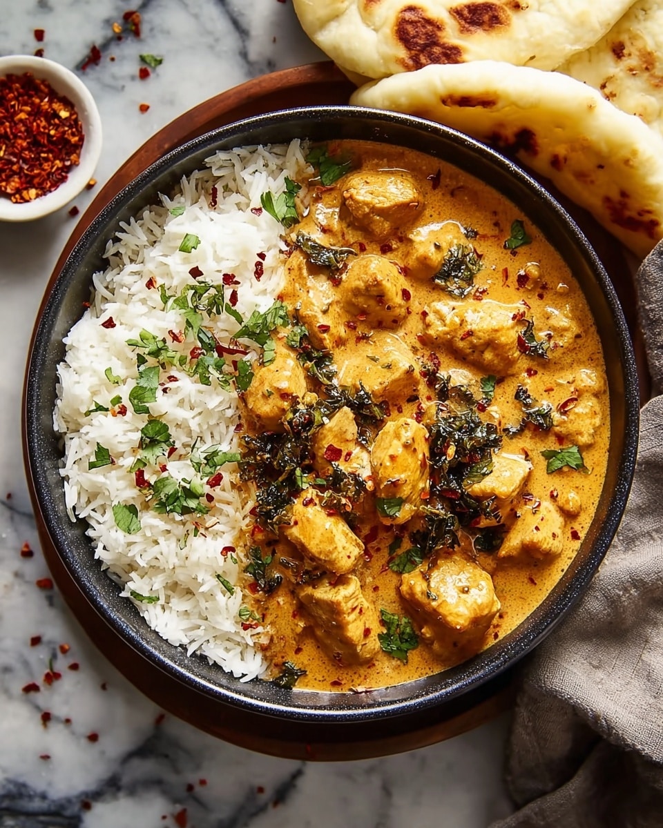 A black bowl holds a dish with two clear layers: on the left side, fluffy white rice with separate grains, and on the right side, chunks of golden brown chicken covered in thick, creamy orange curry sauce. On top of the curry, there are dark green fried herb leaves and small sprinkled pieces of fresh green herbs, adding texture. Red chili flakes are scattered for color. Around the bowl, a white napkin and small white bowl with red chili flakes are visible on a white marbled surface, and to the right, there is a plate with light golden naan bread partially shown. photo taken with an iphone --ar 4:5 --v 7