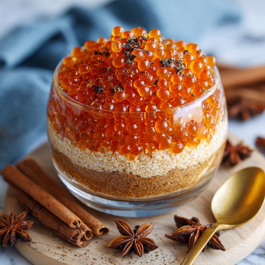 A clear glass bowl filled with a layered treat sits on a wooden surface with cinnamon sticks and star anise around it. The bottom layer is a crumbly, light brown base, topped with a thick layer of shiny, orange pumpkin spice pearls that look like caviar, piled high and slightly overflowing. Bits of dark spice are sprinkled on top, adding texture and contrast. A gold spoon is next to the bowl, and the background shows a soft blue cloth. The overall colors are warm with rich oranges, browns, and golds, and the surface is a white marbled texture. photo taken with an iphone --ar 4:5 --v 7