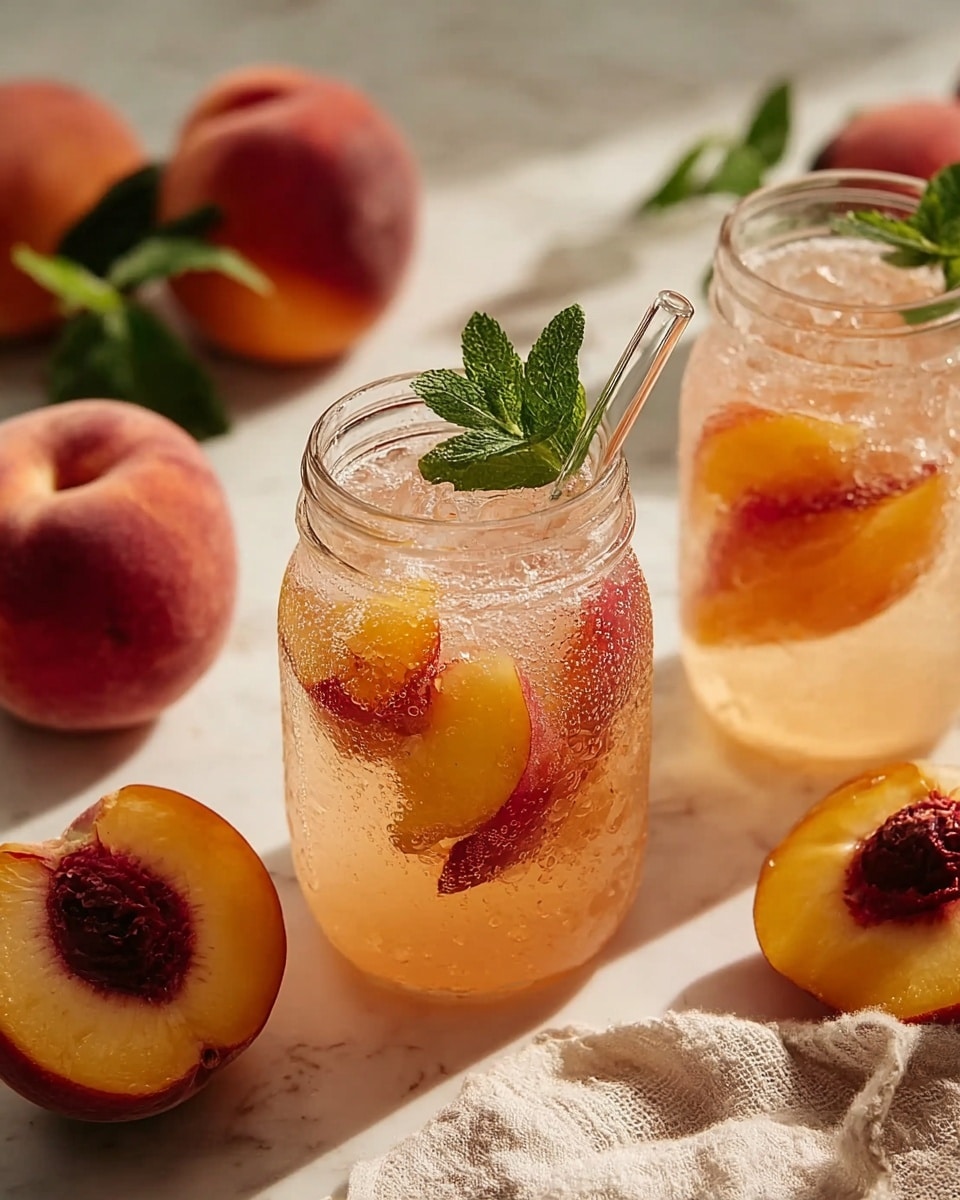 Two clear glass jars are filled with a fizzy light orange drink containing three thin peach slices along the sides of each jar. On top of each jar, there is a bunch of bright green mint leaves and a transparent straw. Around the jars are fresh peaches, one cut open showing its brown pit, resting on a soft beige cloth. The whole scene is set on a white marbled surface with a warm, soft light creating gentle shadows, making the drink look refreshing and the fruit ripe. photo taken with an iphone --ar 4:5 --v 7