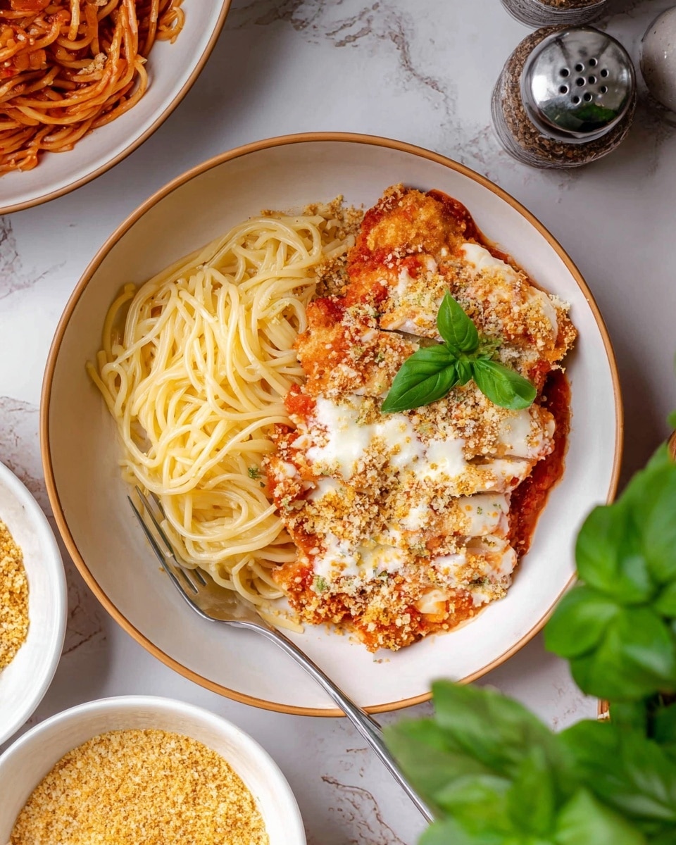 A white bowl filled with cooked spaghetti mixed with a chunky, orange-red tomato sauce that has visible pieces of ground meat. The noodles are swirled and slightly tangled with some lifted by a black fork that rests inside the bowl. On top, there is a bright green basil leaf adding color contrast. Around the bowl, parts of other dishes are slightly visible on a white marbled surface, including a bowl of breadcrumbs and another bowl with more spaghetti. The overall look is warm and inviting, with the sauce coating the pasta unevenly for a homemade feel. Photo taken with an iphone --ar 4:5 --v 7