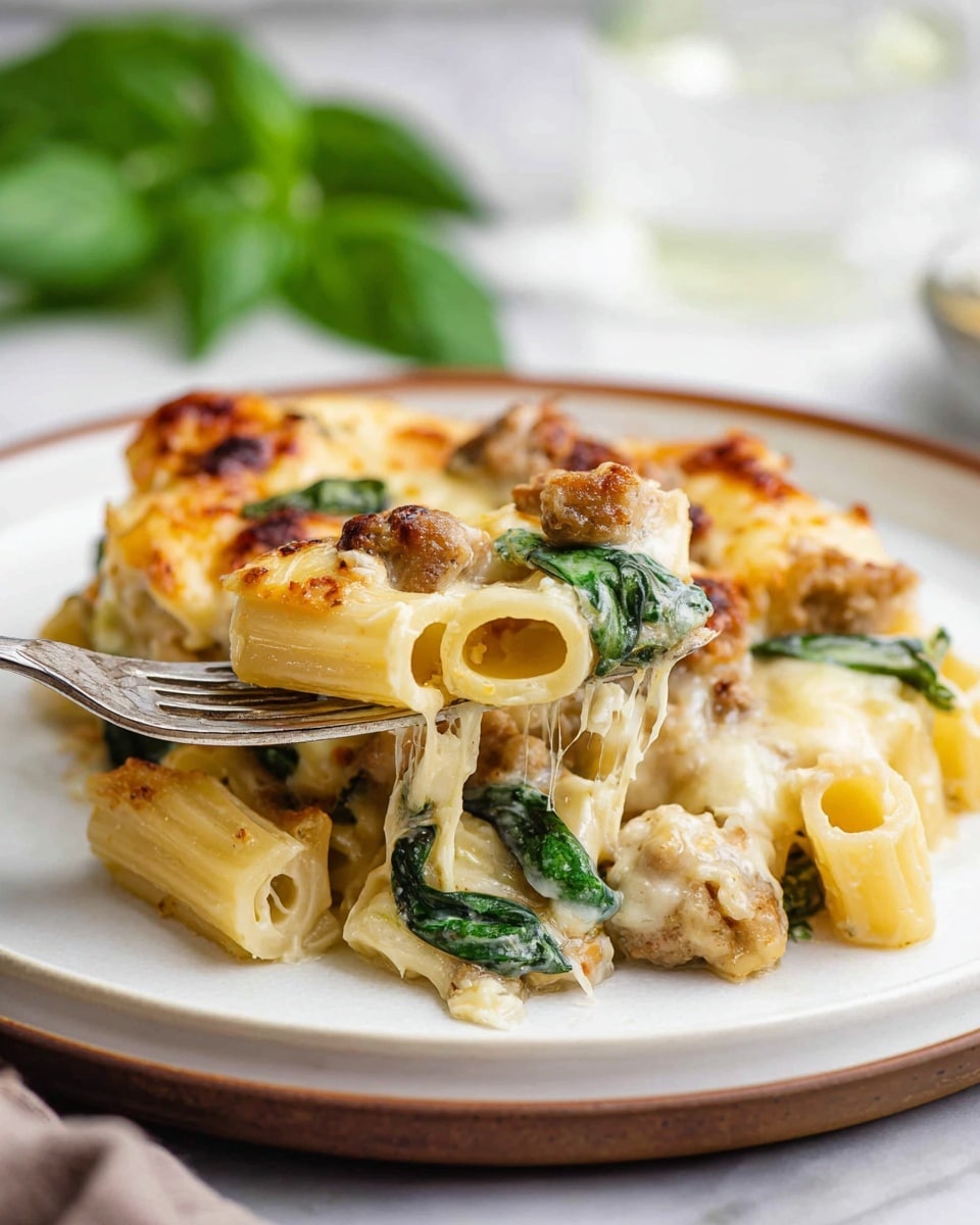 A white rectangular baking dish holds a baked pasta dish with two main layers. The bottom layer consists of rigatoni pasta mixed with green spinach leaves and light brown pieces of mushroom, creating a textured base. The top layer is thick, melted white cheese with golden brown spots from baking, spread unevenly across the pasta. Fresh green basil leaves are scattered on top, adding a fresh touch of color. The dish is surrounded by fresh spinach and basil leaves on a white marbled surface, with a metal spatula with a white handle placed to the left side and a stack of white plates with wooden-handled forks to the right. A beige and white striped cloth is partially visible on the lower right corner. photo taken with an iphone --ar 4:5 --v 7