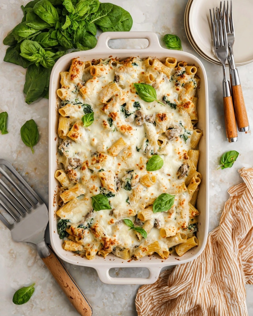 A close-up of a white plate with a creamy baked pasta dish featuring rigatoni pasta tubes layered with melted golden-brown cheese on top, chunks of browned sausage, and fresh green spinach leaves mixed throughout. The rich, creamy sauce coats the pasta, with some cheese stretching as a fork lifts a piece, showing a gooey texture. The plate sits on a white marbled surface, with a glass of water and green basil leaves blurred in the background. photo taken with an iphone --ar 4:5 --v 7