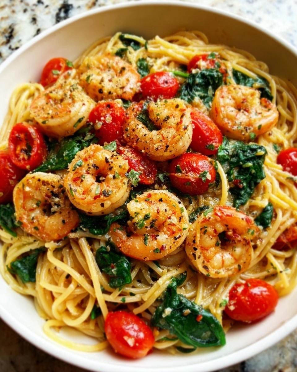 A white bowl with a thin golden rim holds a dish of spaghetti layered with sautéed spinach and five cooked shrimp on top. Bright red cherry tomatoes, some whole and some slightly roasted, sit mixed with the noodles and greens. The spaghetti appears coated lightly with oil and sprinkled with black pepper and herbs, giving a slight sheen. The shrimp are golden with a bit of char and sit on top of the yellowish pasta, while the spinach adds dark green color throughout. The bowl is placed on a white marbled surface with sunlight casting soft shadows. photo taken with an iphone --ar 4:5 --v 7