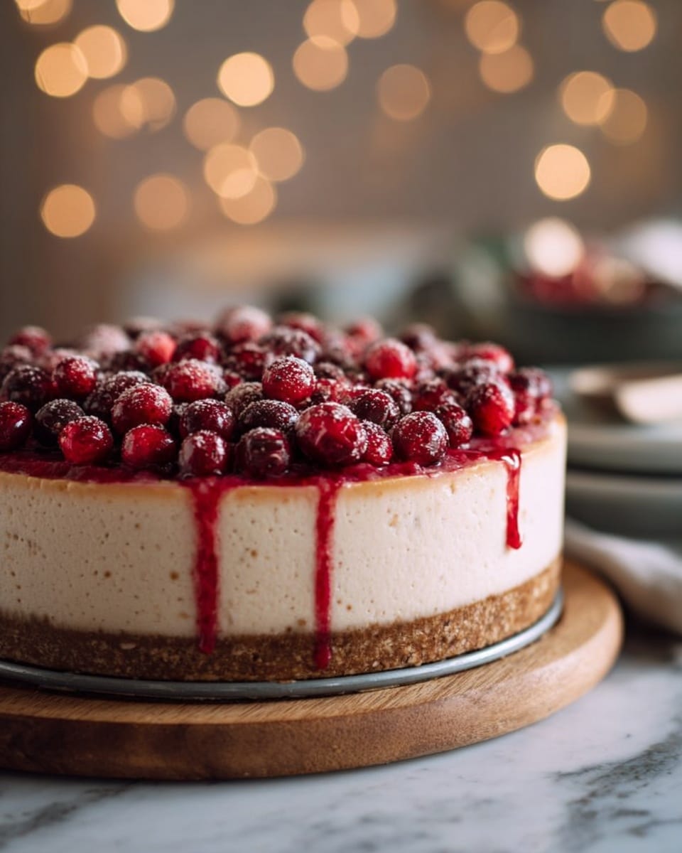 The image shows a round cheesecake with three clear layers on a silver cake pan, placed on a wooden board over a white marbled surface. The bottom layer is a thick, coarse, brown crust, above it is a thick creamy beige middle layer with a smooth texture. The top layer consists of a dense pile of bright red cranberries, some juice trickling down the creamy layer. The background is softly out of focus with warm, glowing bokeh lights. Photo taken with an iphone --ar 4:5 --v 7