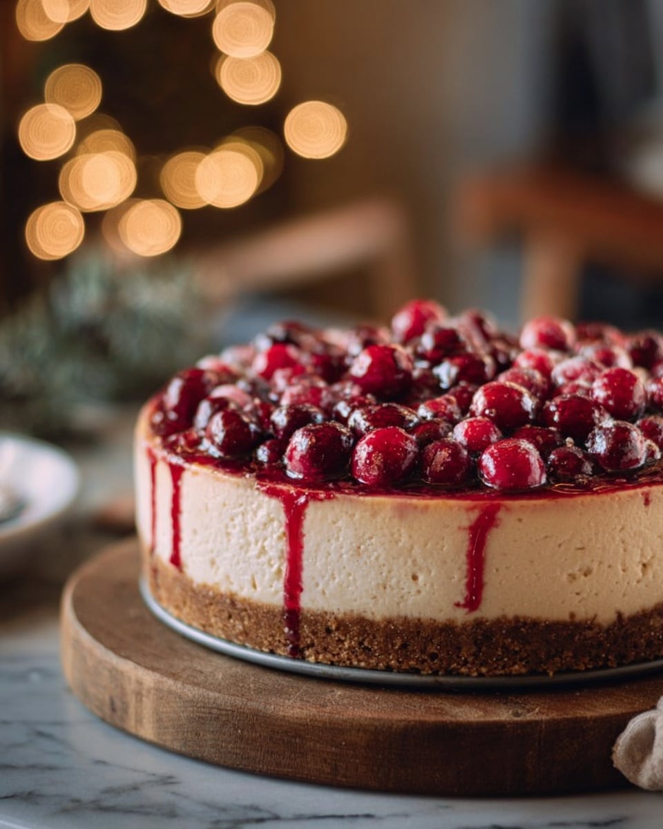 A three-layer cheesecake sits on a metal pan placed on a wooden board, with a white marbled surface in the background. The bottom layer is a thick, crumbly brown crust. The middle layer is a thick, smooth beige cheesecake filling that rises high over the crust. The top layer is a generous amount of shiny, bright red cranberries with some deep red syrup dripping down the sides of the cheesecake. Warm, soft lights create a cozy, blurred background. Photo taken with an iphone --ar 4:5 --v 7